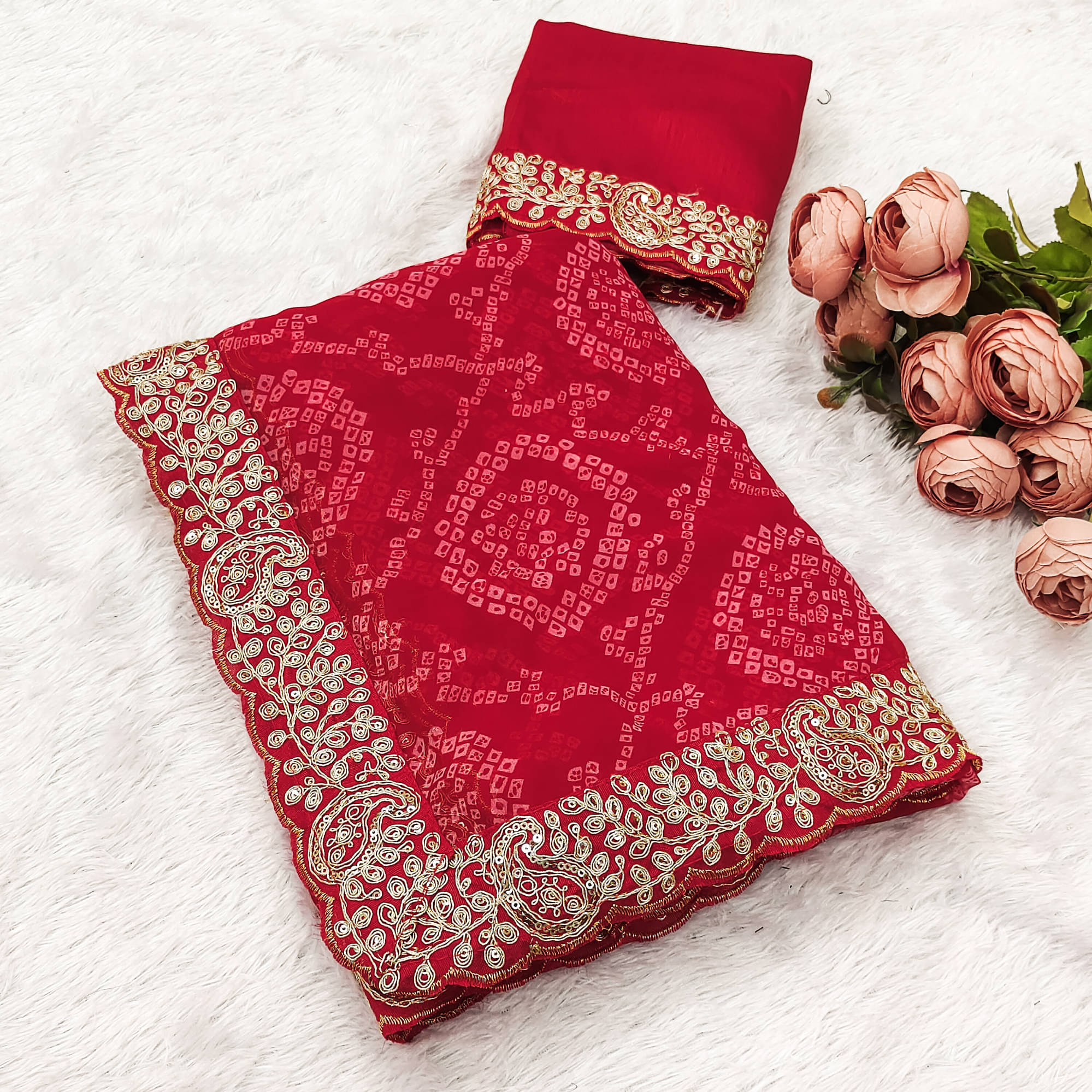     			Parmila Fashion Chiffon Embellished Bandhani Sarees With Unstitched Blouse Piece ( Red )