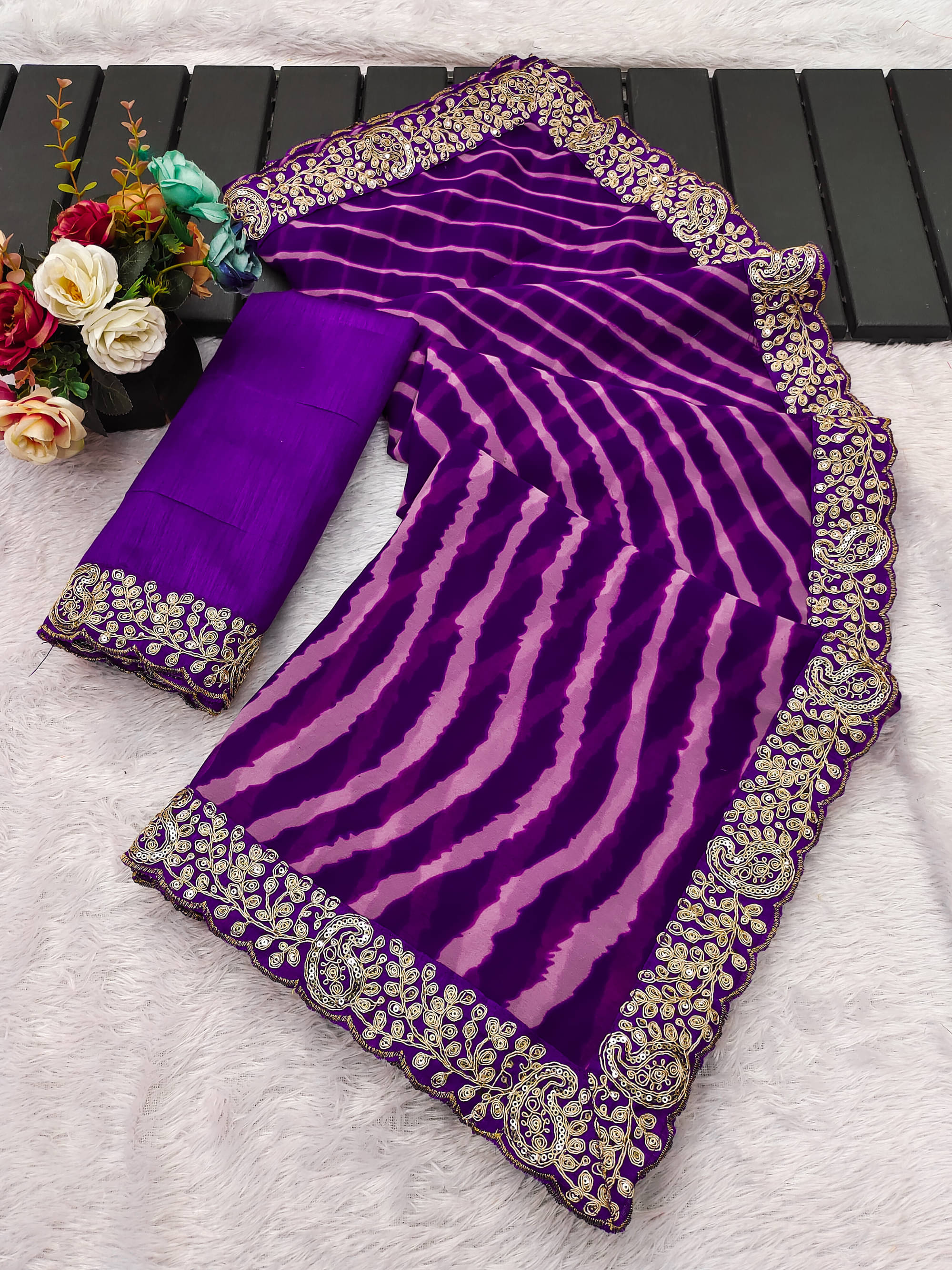 Parmila Fashion Chiffon Embellished Leheriya Saree With Unstitched Blouse Piece ( Purple ) Parmila Fashion Chiffon Embellished Leheriya Saree With Unstitched Blouse Piece ( Purple )