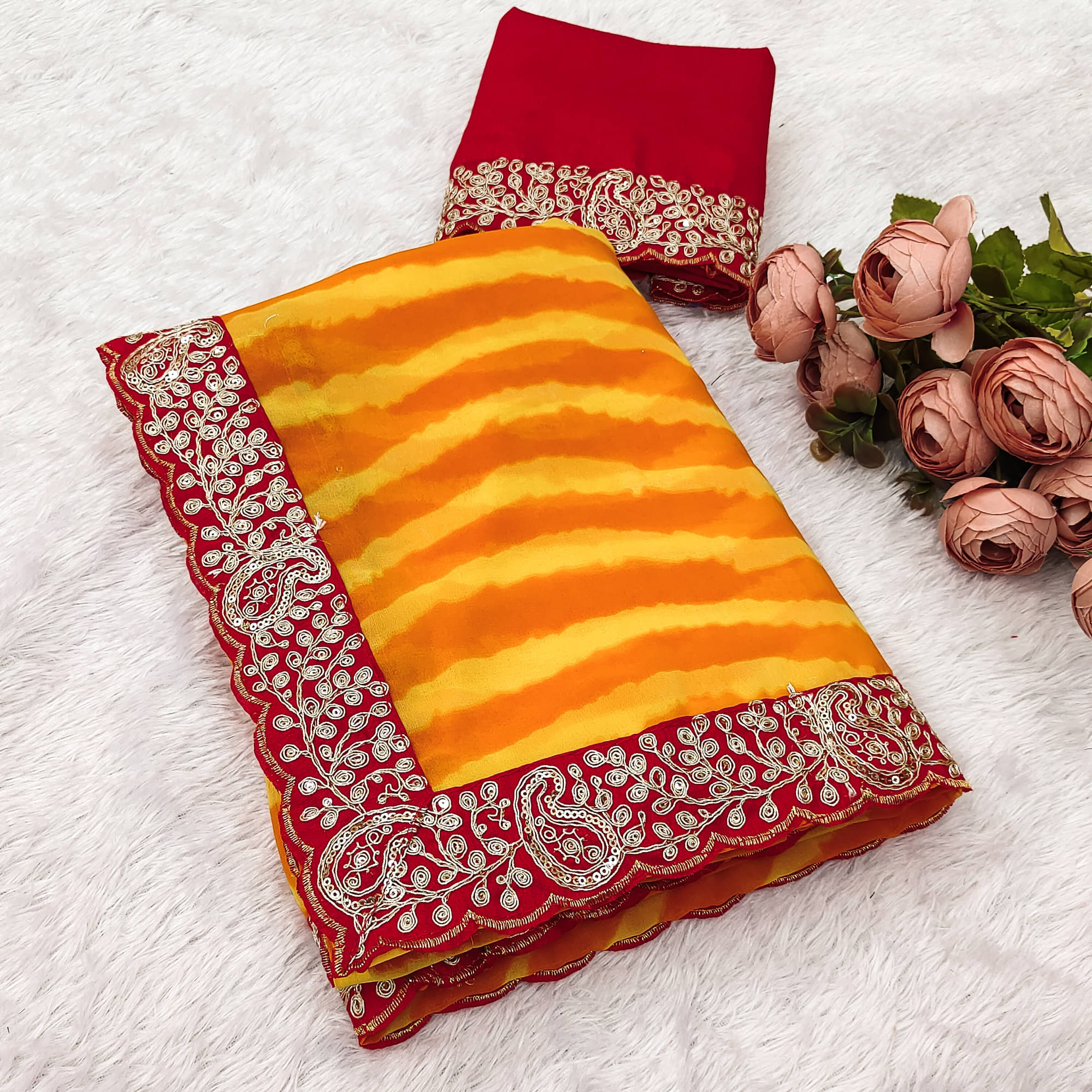     			Parmila Fashion Chiffon Embellished Leheriya Saree With Unstitched Blouse Piece ( Gold )