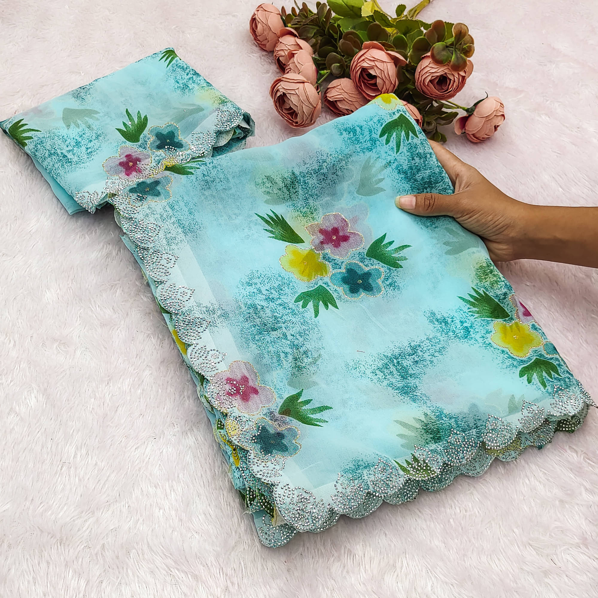     			Parmila Fashion Georgette Printed Bhagalpuri Saree With Unstitched Blouse Piece ( Aqua Blue )
