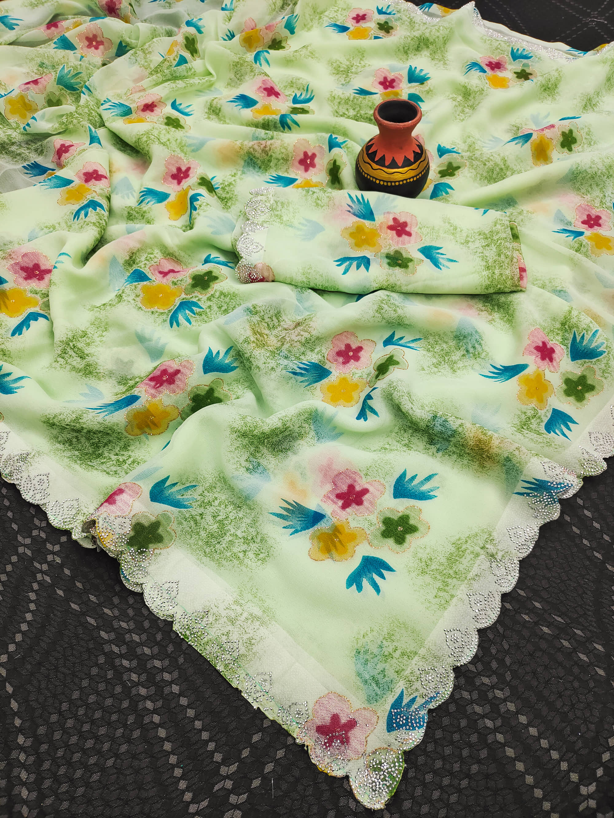 Parmila Fashion Georgette Printed Bhagalpuri Saree With Unstitched Blouse Piece ( LightGreen ) - Sarees | Buy online on ZillyBuy