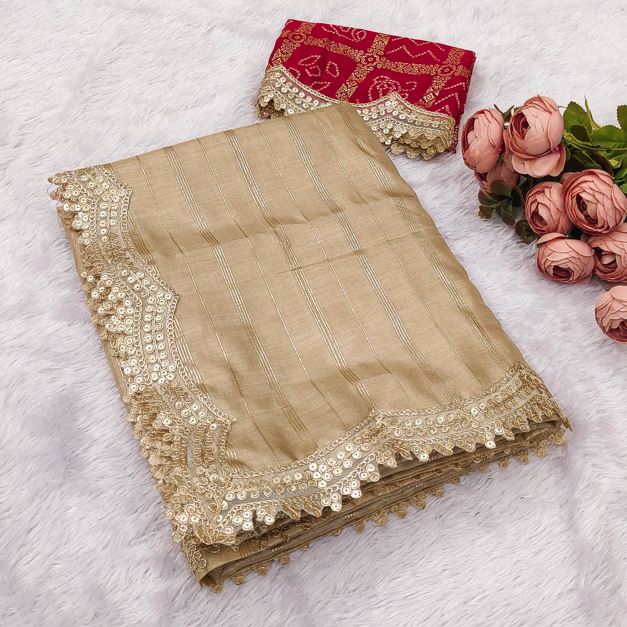 Parmila Fashion Silk Blend Embellished Bhagalpuri Saree With Unstitched Blouse Piece ( Beige ) - Sarees | Buy online on ZillyBuy