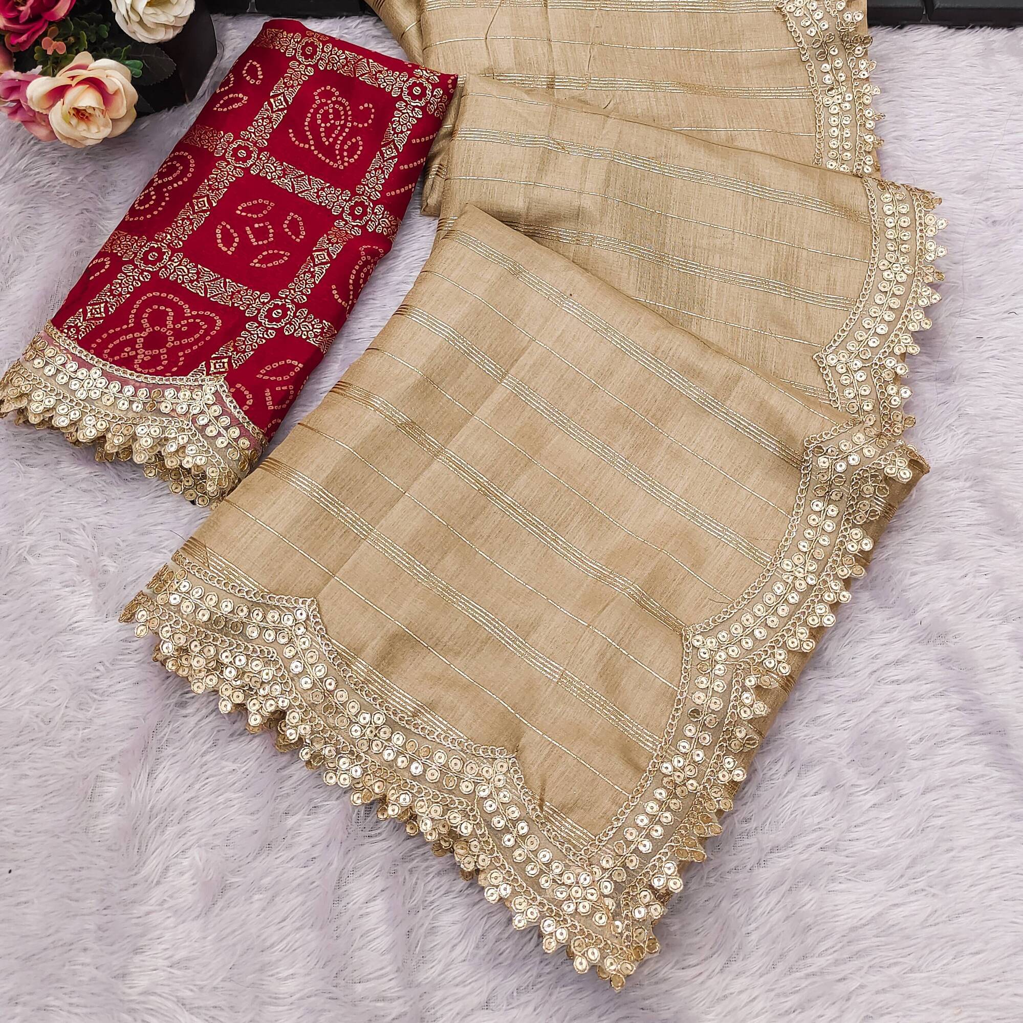 Parmila Fashion Silk Blend Embellished Bhagalpuri Saree With Unstitched Blouse Piece ( Beige ) Parmila Fashion Silk Blend Embellished Bhagalpuri Saree With Unstitched Blouse Piece ( Beige )