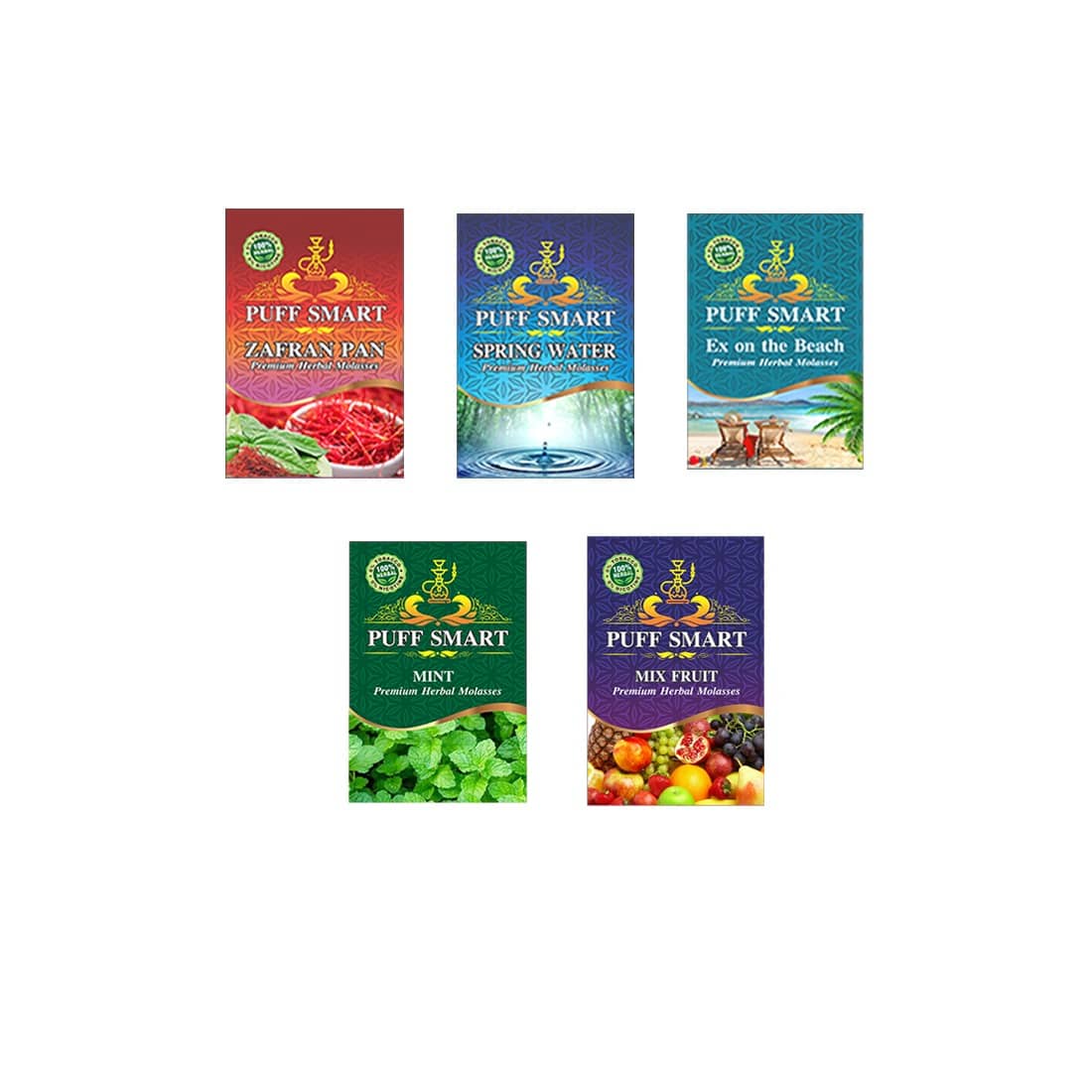 Puff Smart Premium Herbal Hookah  Pack of 5 (Zafran Pan, Spring Water, Ex on the Beach, Mint, Mix Fruit)