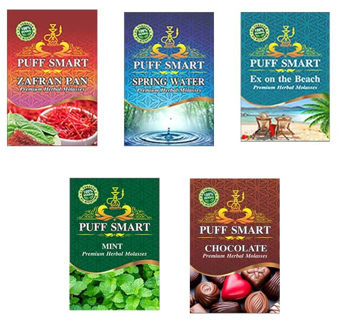 Puff Smart Premium Herbal Hookah Flavour Pack of 5 (Zafran Pan, Spring Water, Ex on the Beach, Mint, Chocolate)