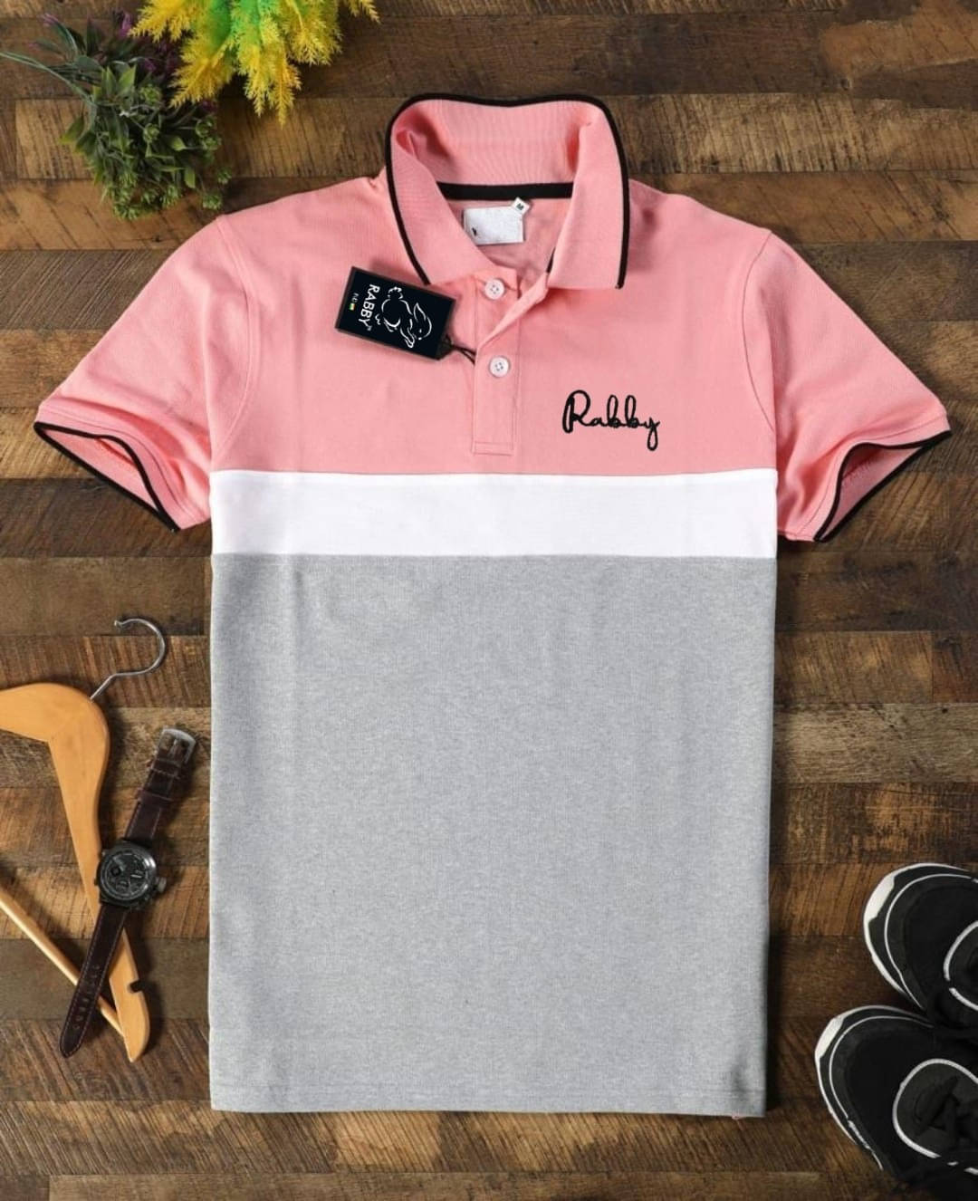 RABBY Men Cotton Regular Fit Colorblock Polo T Shirt ( Pink ) RABBY Men Cotton Regular Fit Colorblock Polo T Shirt ( Pink )