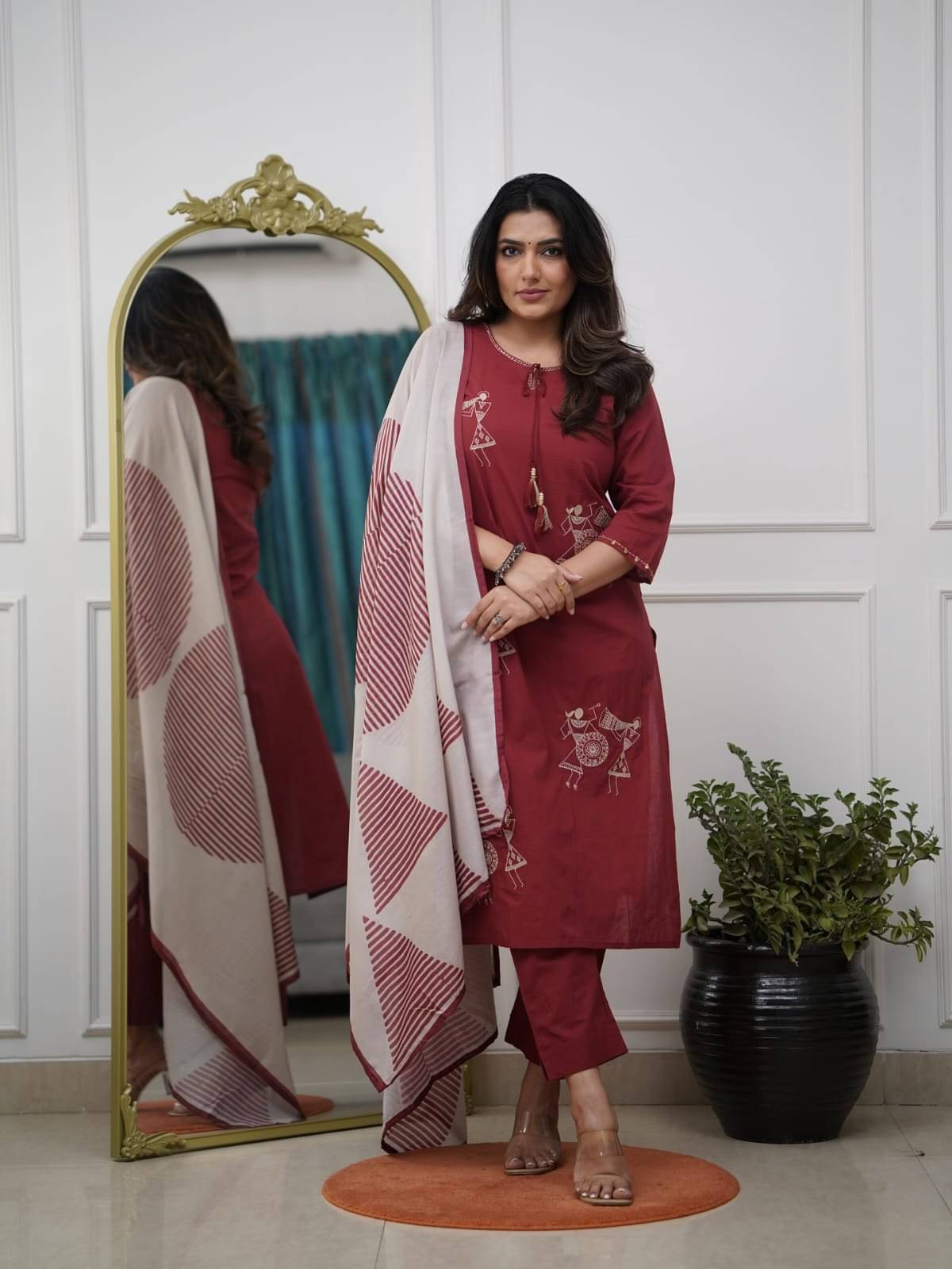     			SAREEKART FAB Women Silk Embroidered A-line Kurti With Pants ( Maroon )