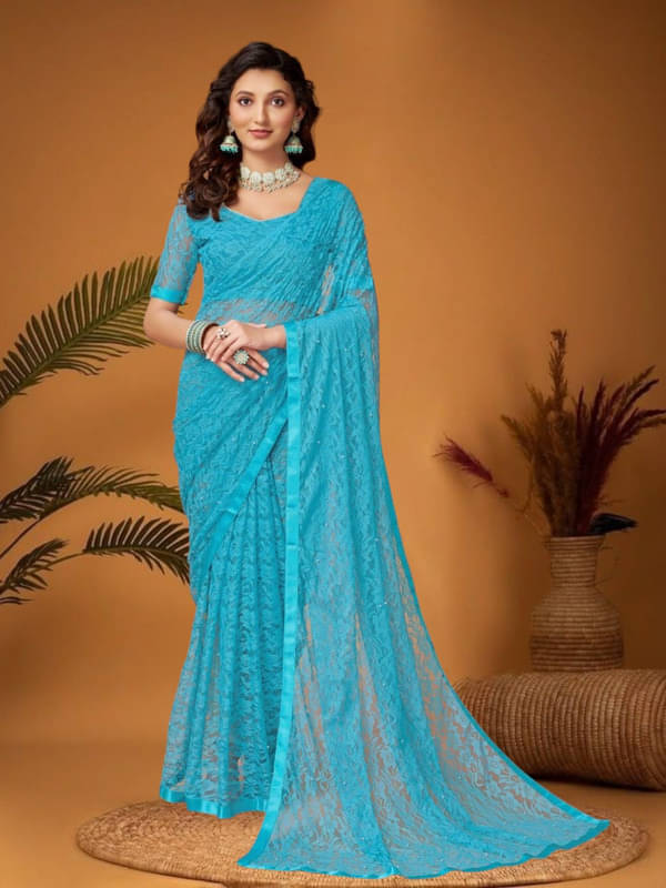 SHRINGARAA Net Self Design Regular Saree With Unstitched Blouse Piece ( Sky Blue ) SHRINGARAA Net Self Design Regular Saree With Unstitched Blouse Piece ( Sky Blue )