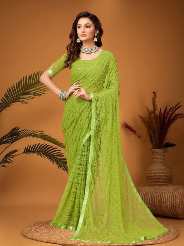     			SHRINGARAA Net Self Design Regular Saree With Unstitched Blouse Piece ( Lime Green )