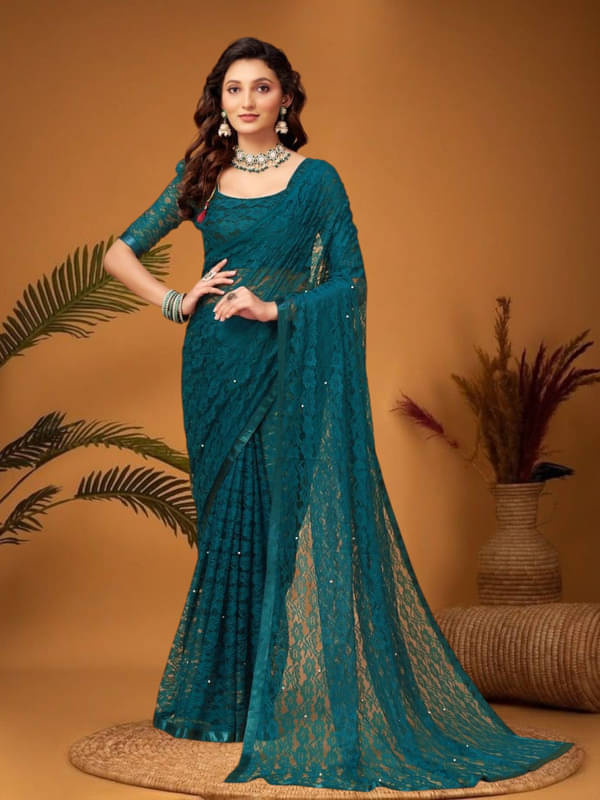 SHRINGARAA Net Self Design Regular Saree With Unstitched Blouse Piece ( Rama ) SHRINGARAA Net Self Design Regular Saree With Unstitched Blouse Piece ( Rama )