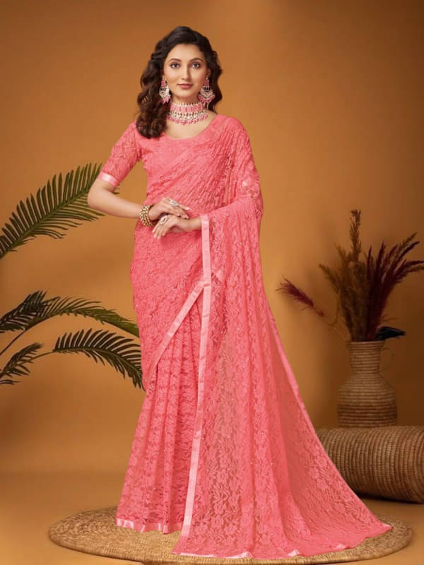     			SHRINGARAA Net Self Design Regular Saree With Unstitched Blouse Piece ( Peach )
