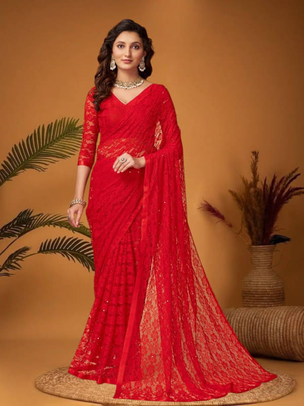     			SHRINGARAA Net Self Design Regular Saree With Unstitched Blouse Piece ( Red )