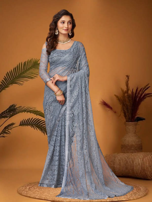 SHRINGARAA Net Self Design Regular Saree With Unstitched Blouse Piece ( Grey ) SHRINGARAA Net Self Design Regular Saree With Unstitched Blouse Piece ( Grey )