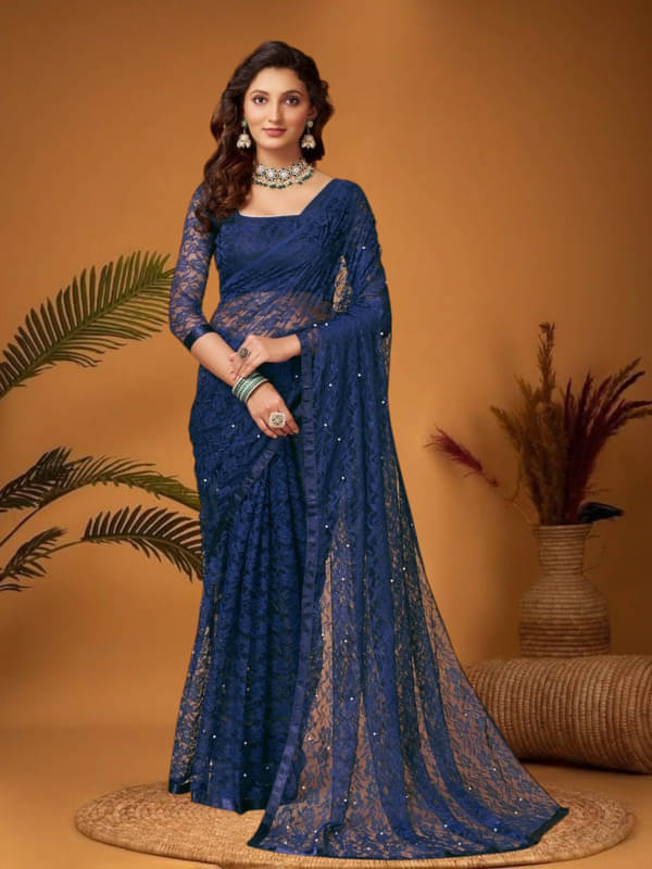     			SHRINGARAA Net Self Design Regular Saree With Unstitched Blouse Piece ( Blue )