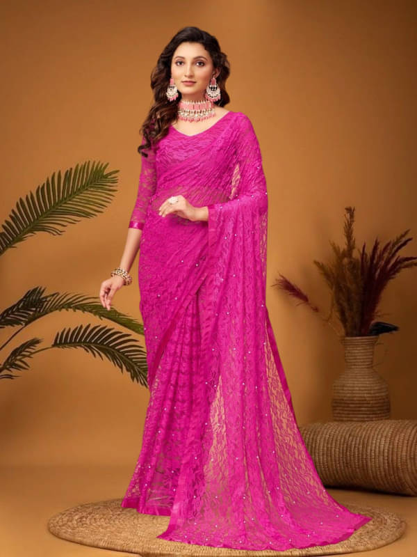     			SHRINGARAA Net Self Design Regular Saree With Unstitched Blouse Piece ( Rani )
