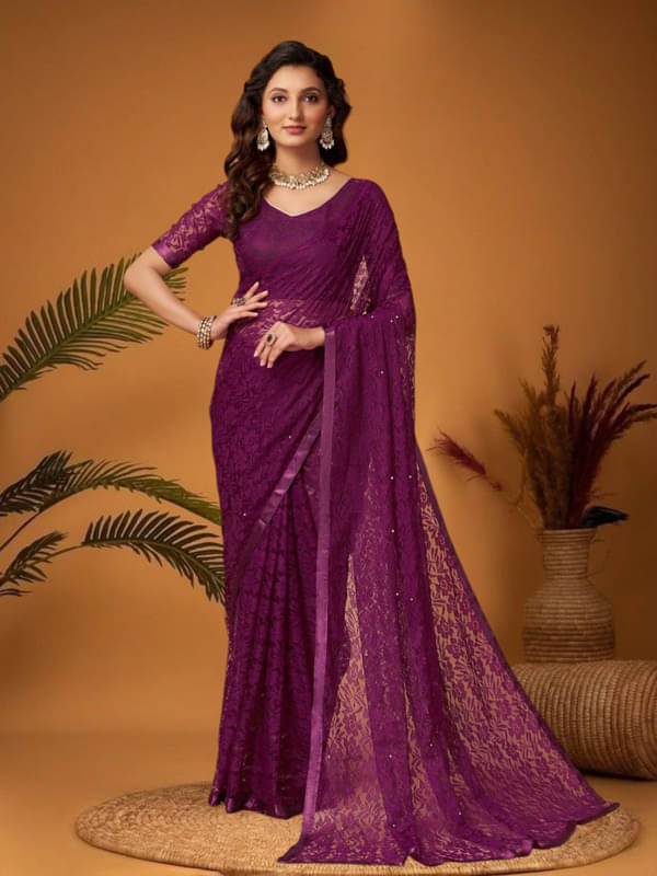 SHRINGARAA Net Self Design Regular Saree With Unstitched Blouse Piece ( Wine ) SHRINGARAA Net Self Design Regular Saree With Unstitched Blouse Piece ( Wine )