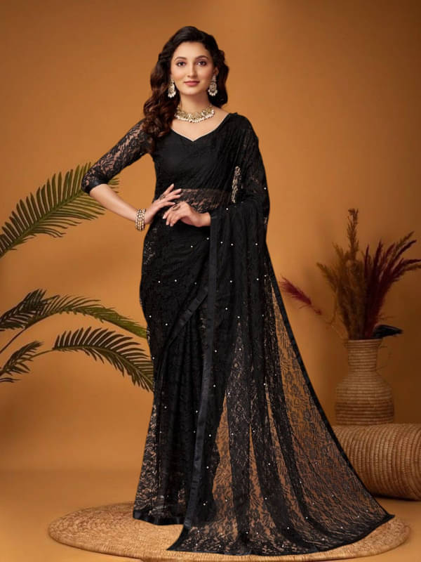     			SHRINGARAA Net Self Design Regular Saree With Unstitched Blouse Piece ( Black )