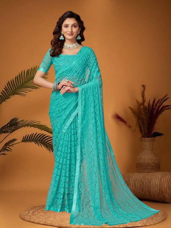     			SHRINGARAA Net Self Design Regular Saree With Unstitched Blouse Piece ( Aqua Blue )