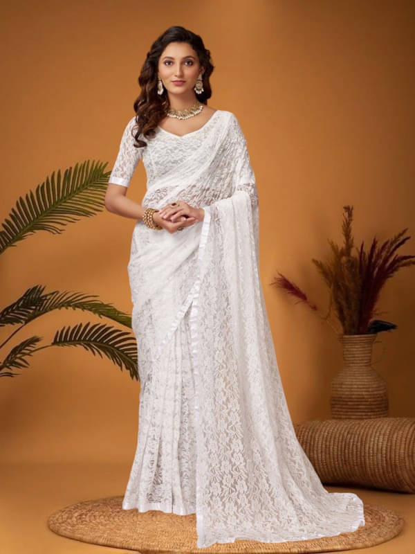SHRINGARAA Net Self Design Regular Saree With Unstitched Blouse Piece ( White ) SHRINGARAA Net Self Design Regular Saree With Unstitched Blouse Piece ( White )