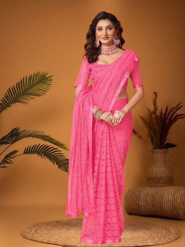     			SHRINGARAA Net Self Design Regular Saree With Unstitched Blouse Piece ( Pink )
