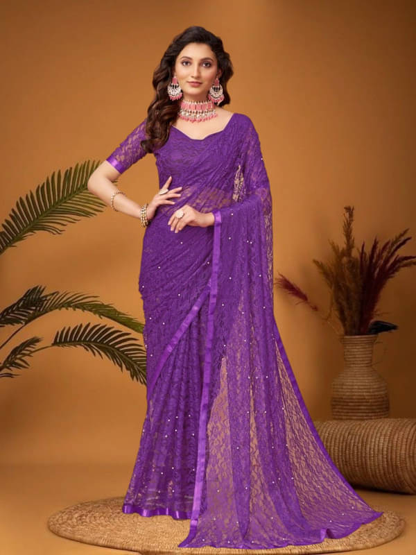     			SHRINGARAA Net Self Design Regular Saree With Unstitched Blouse Piece ( Purple )