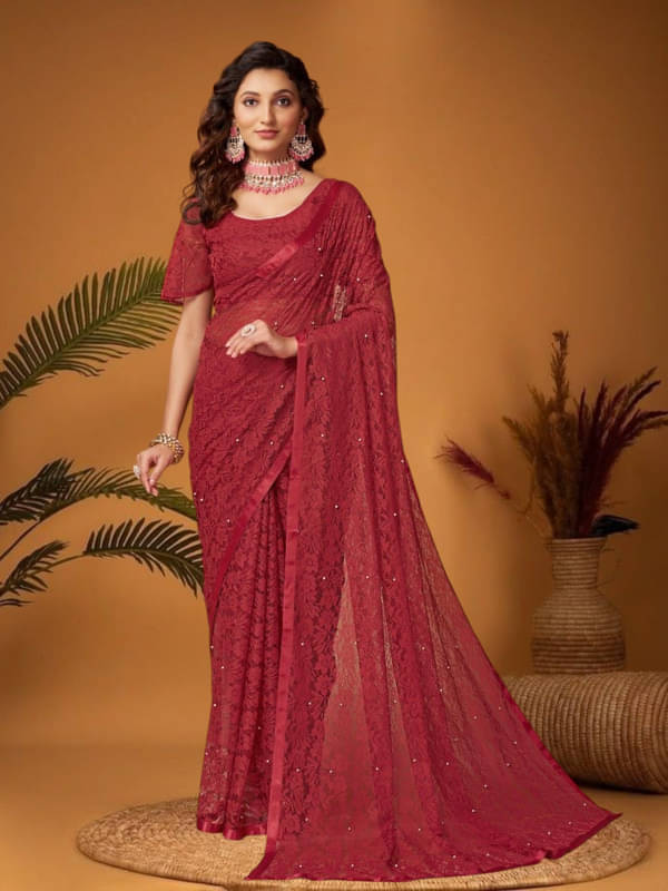    			SHRINGARAA Net Self Design Regular Saree With Unstitched Blouse Piece ( Maroon )