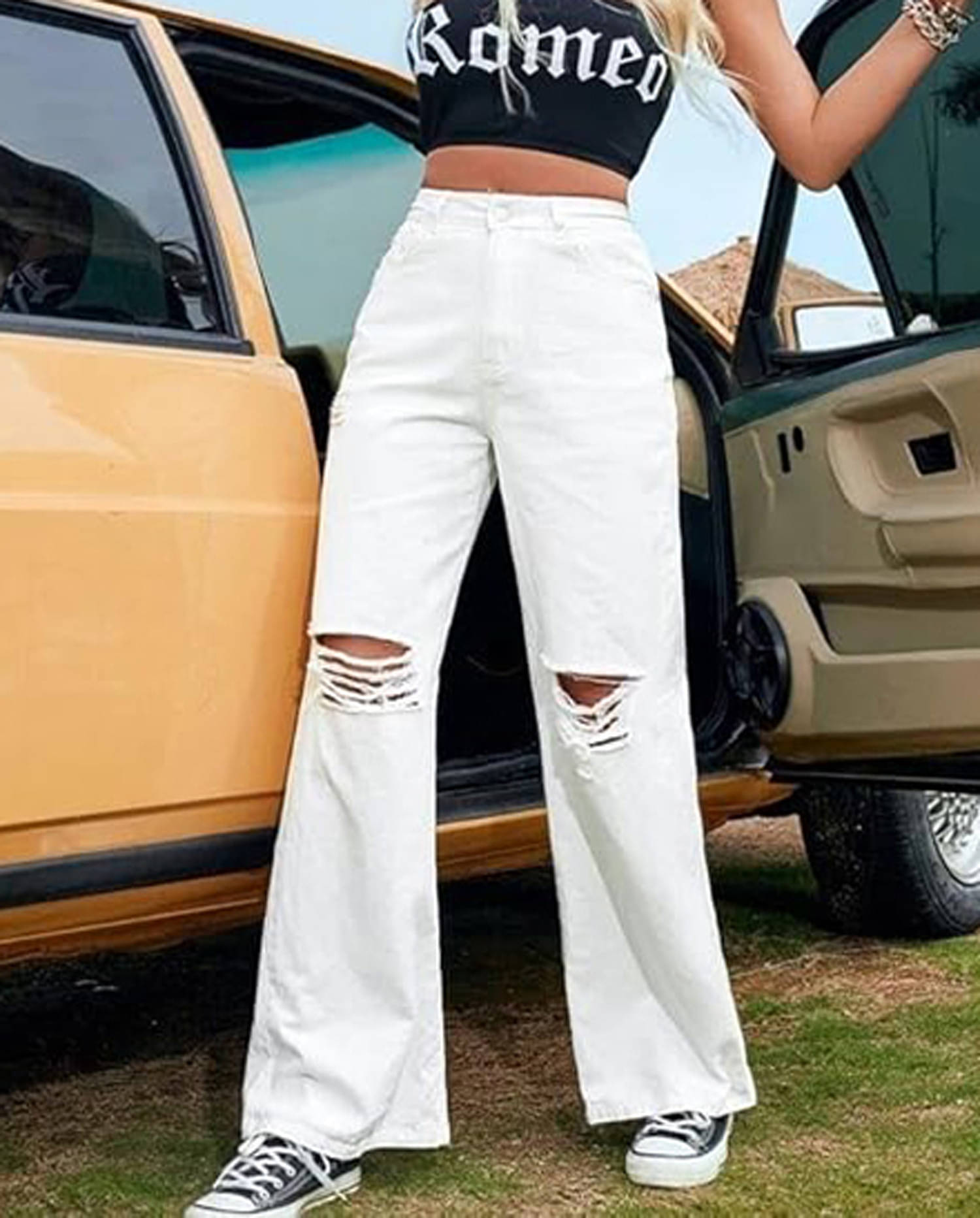     			Star4well Women's WideLeg High-Rise Jeans ( White )