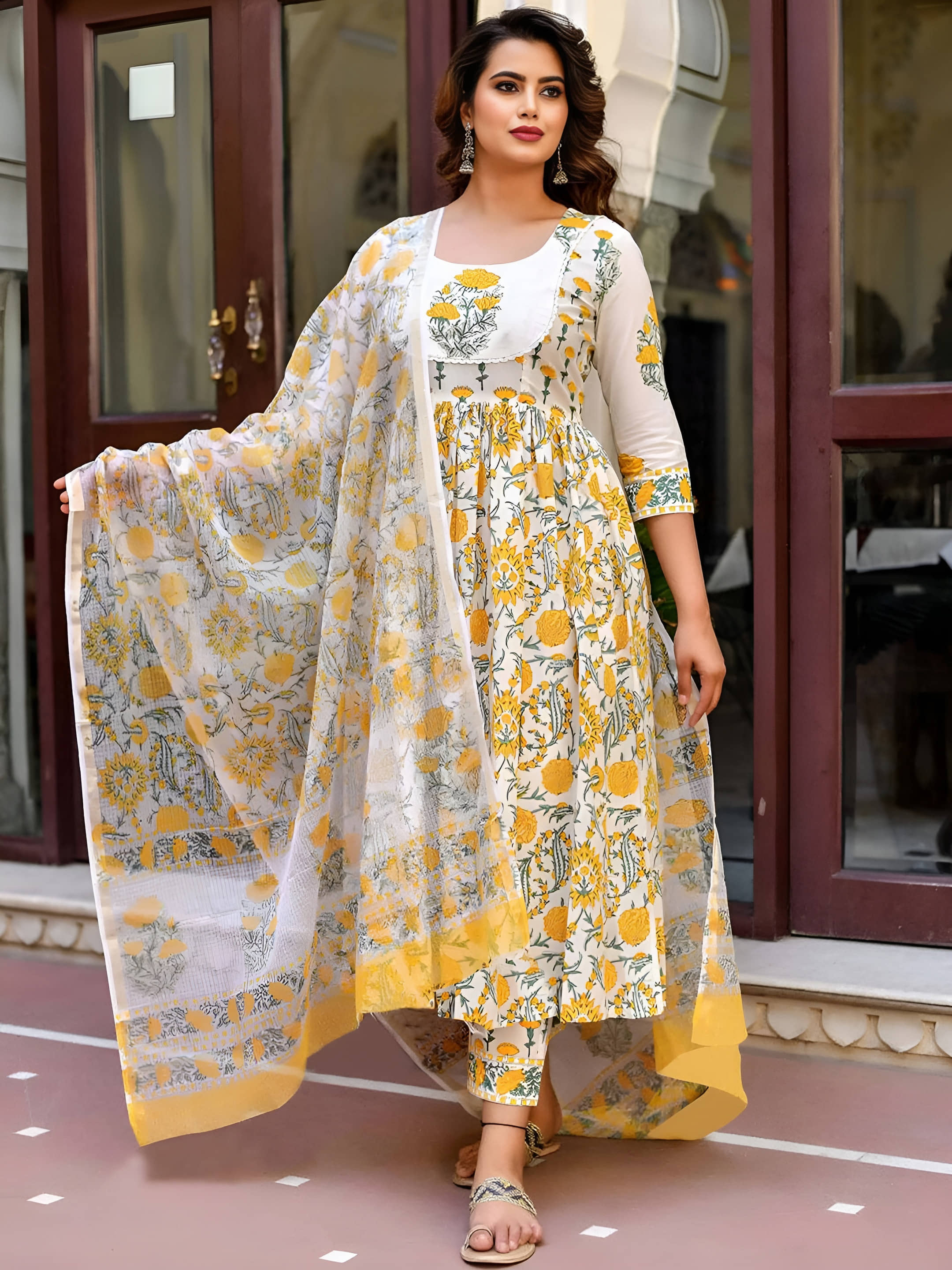 AK FASHION MALL Women Cotton Blend Printed Straight Kurti With Pants ( Yellow )