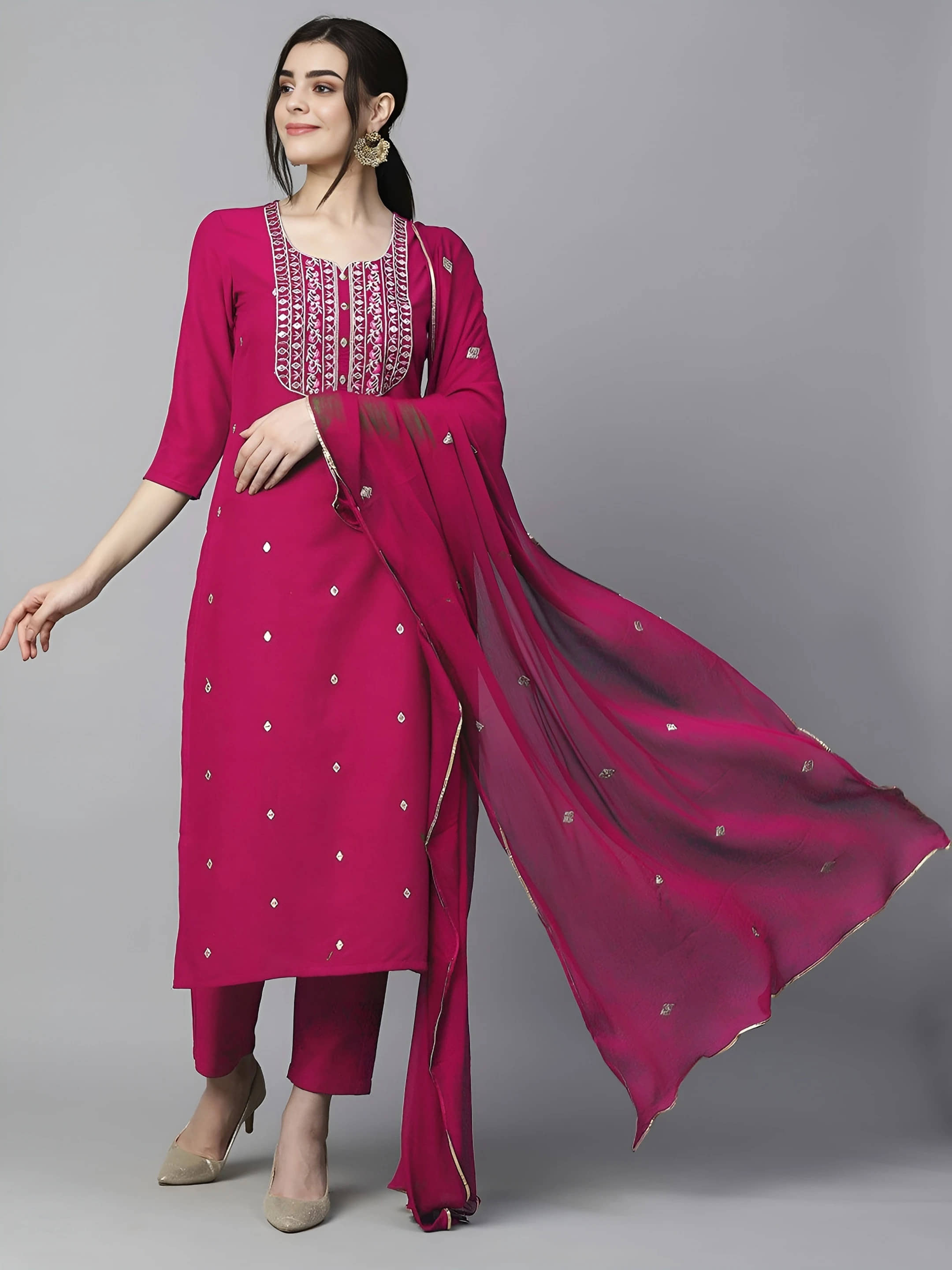 AK FASHION MALL Women Cotton Blend Embroidered A-line Kurti With Pants ( Pink )