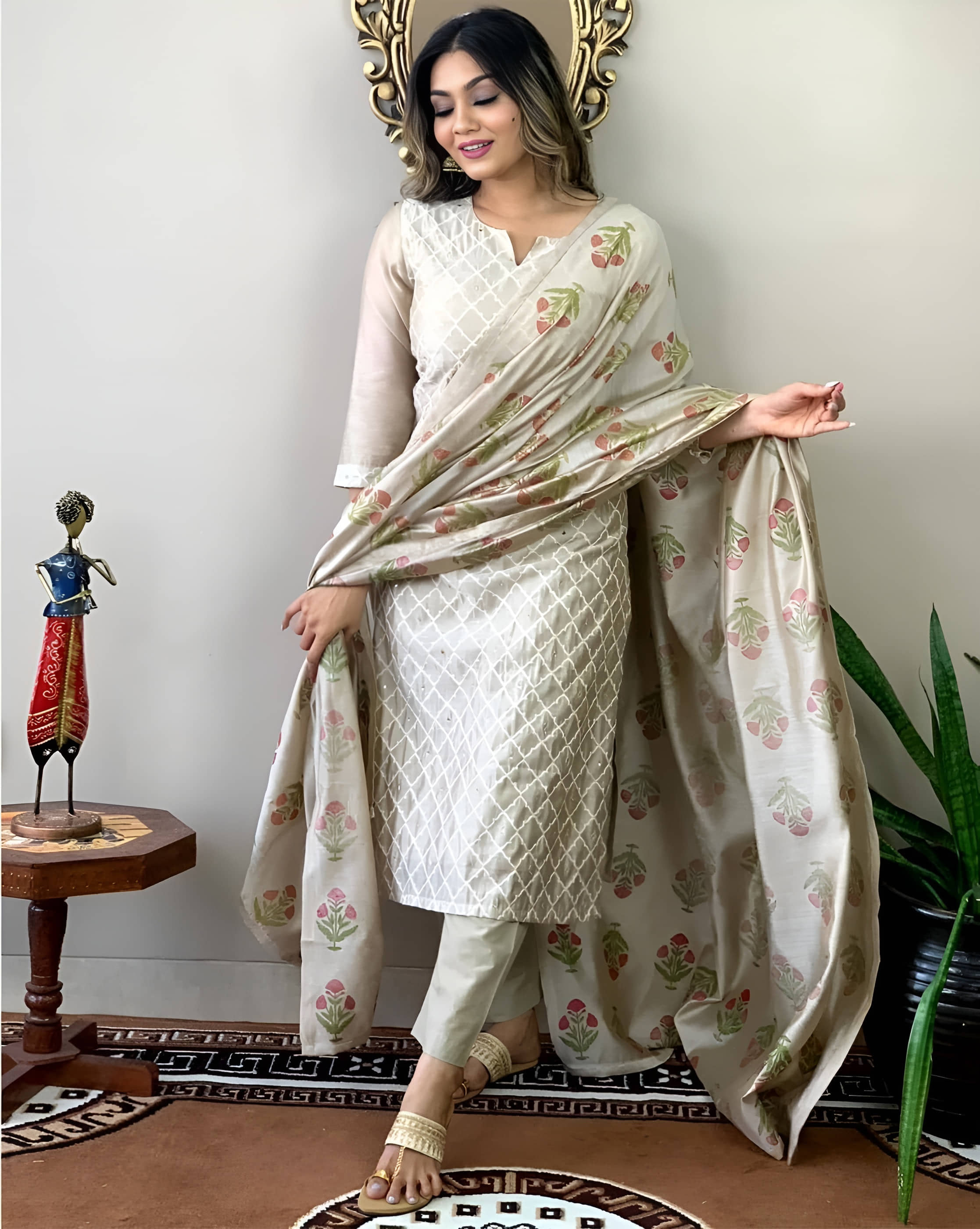 AK FASHION MALL Women Cotton Blend Embroidered A-line Kurti With Pants ( Beige )