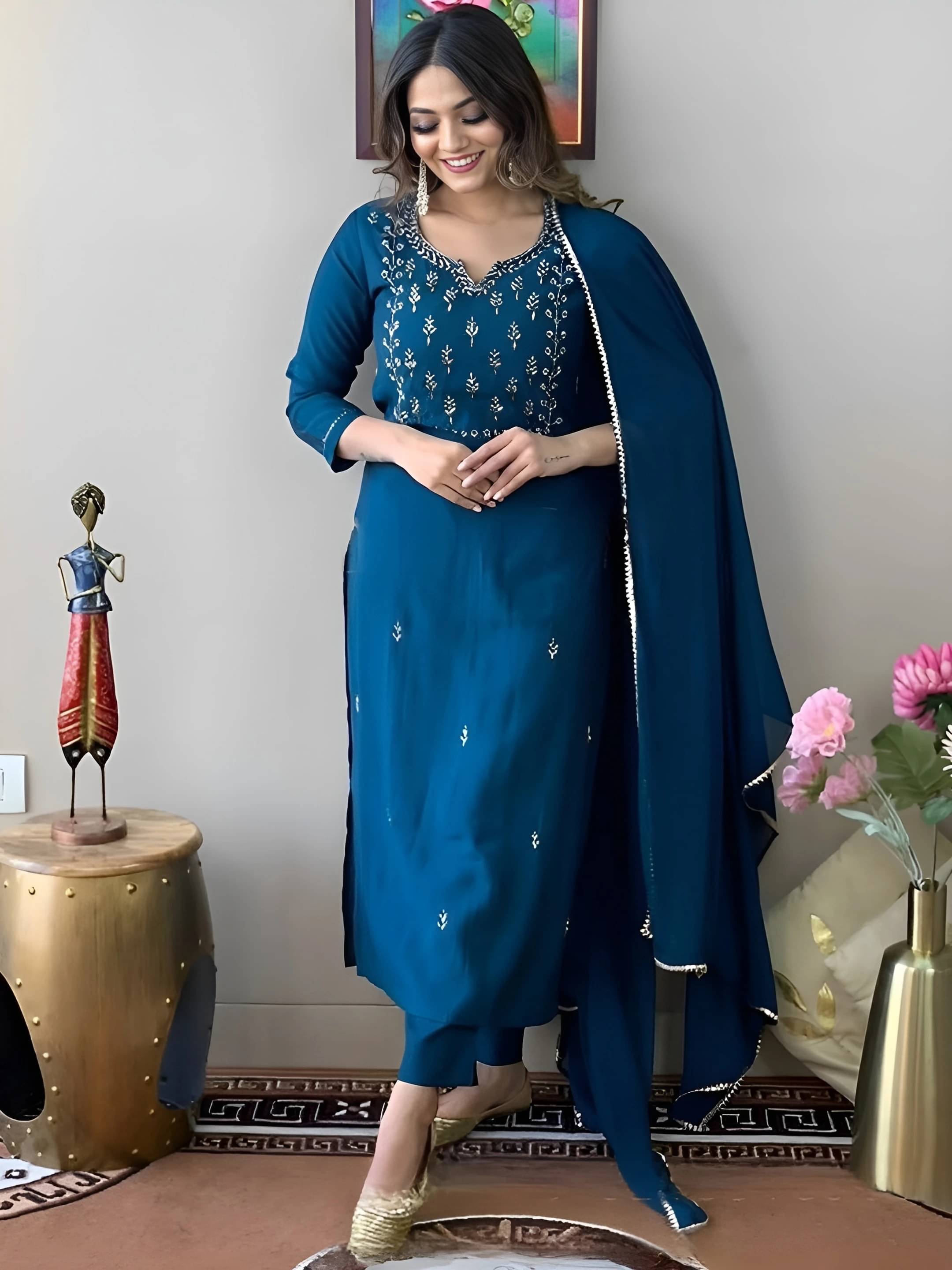     			AK FASHION MALL Women Cotton Blend Embroidered A-line Kurti With Pants ( Blue )