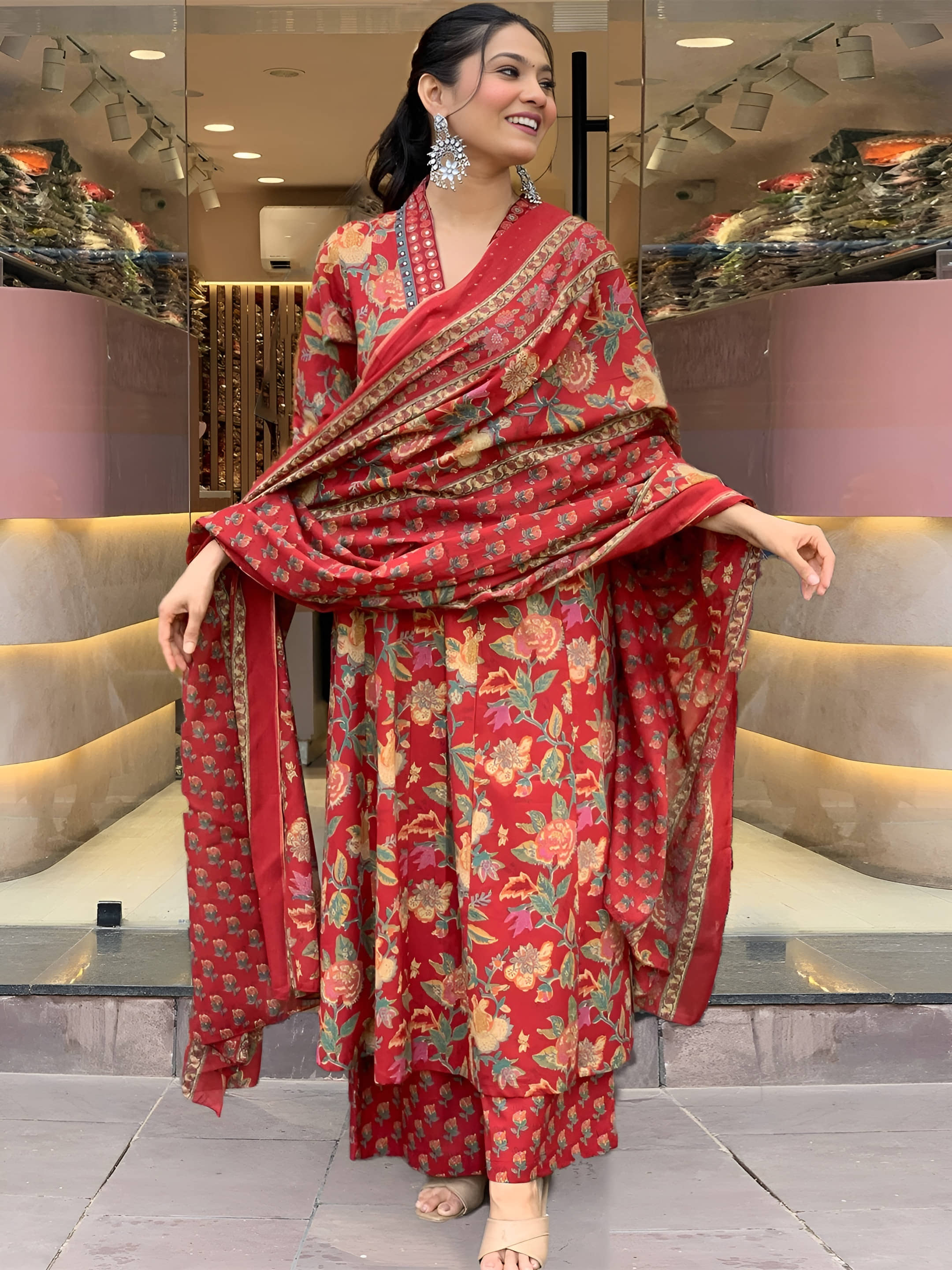 AK FASHION MALL Women Cotton Blend Embroidered A-line Kurti With Pants ( Red )
