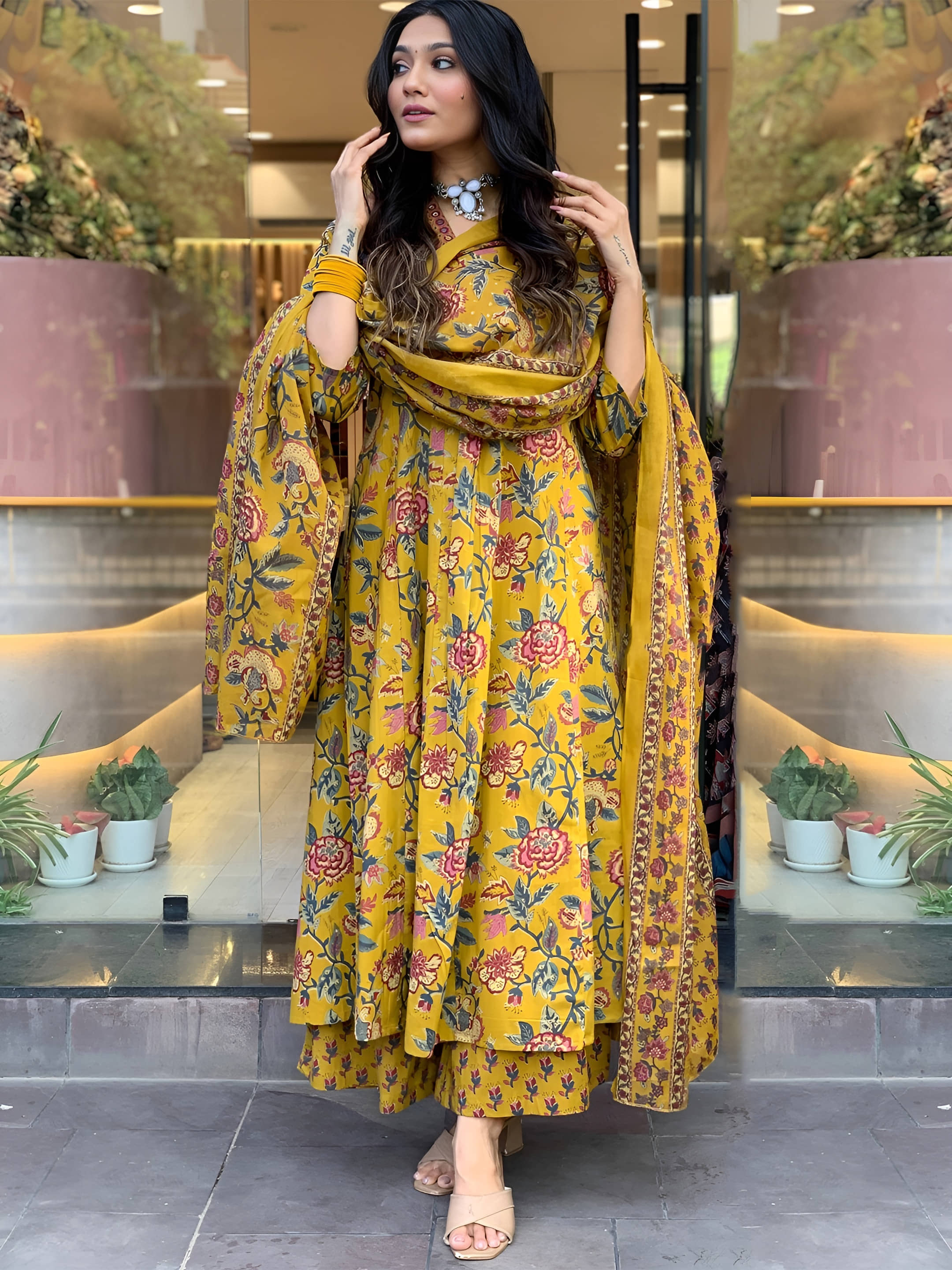 AK FASHION MALL Women Cotton Blend Embroidered A-line Kurti With Pants ( Brown )