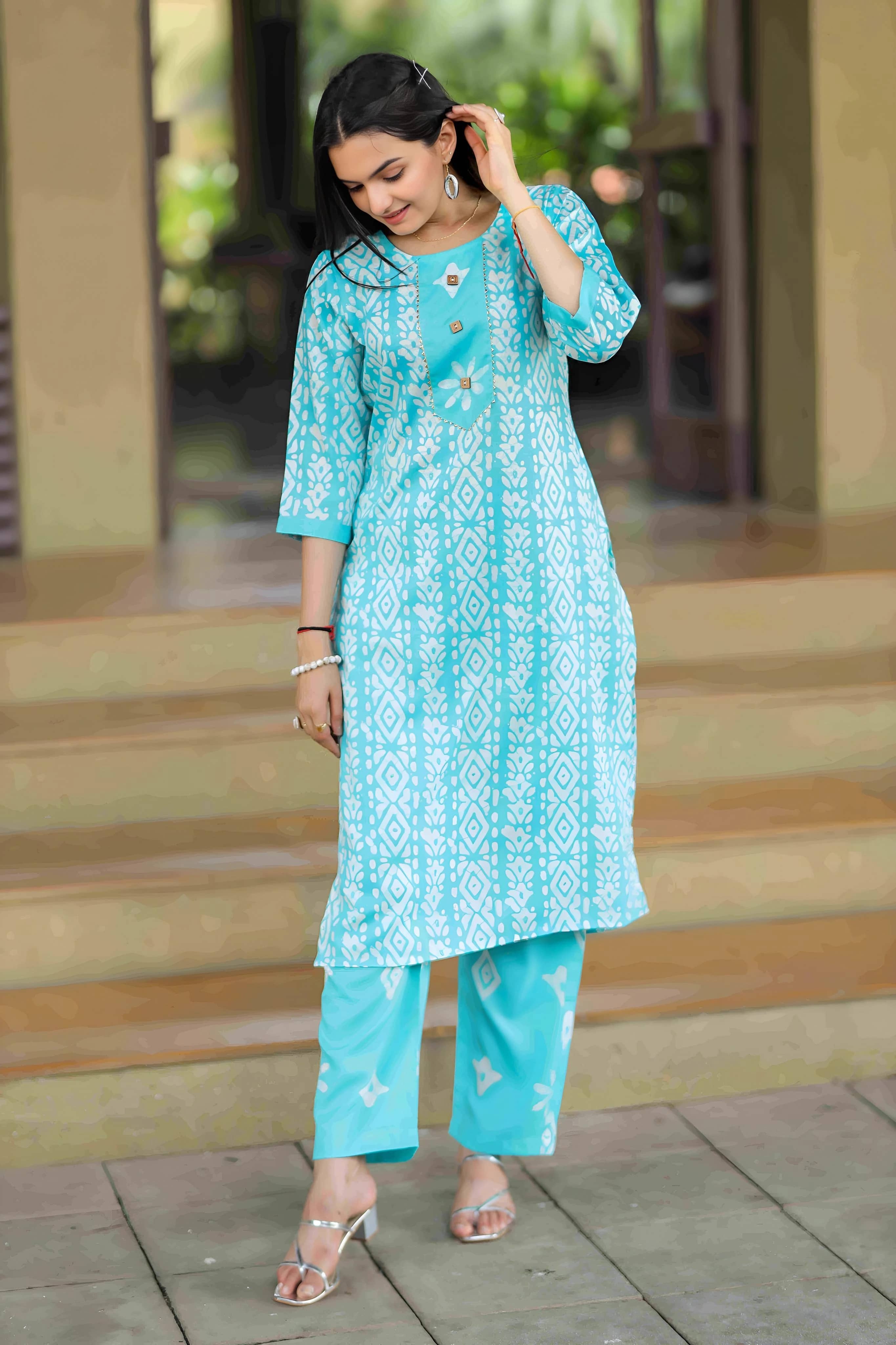 AK FASHION MALL Women Cotton Blend Printed A-line Kurti With Pants ( Blue )