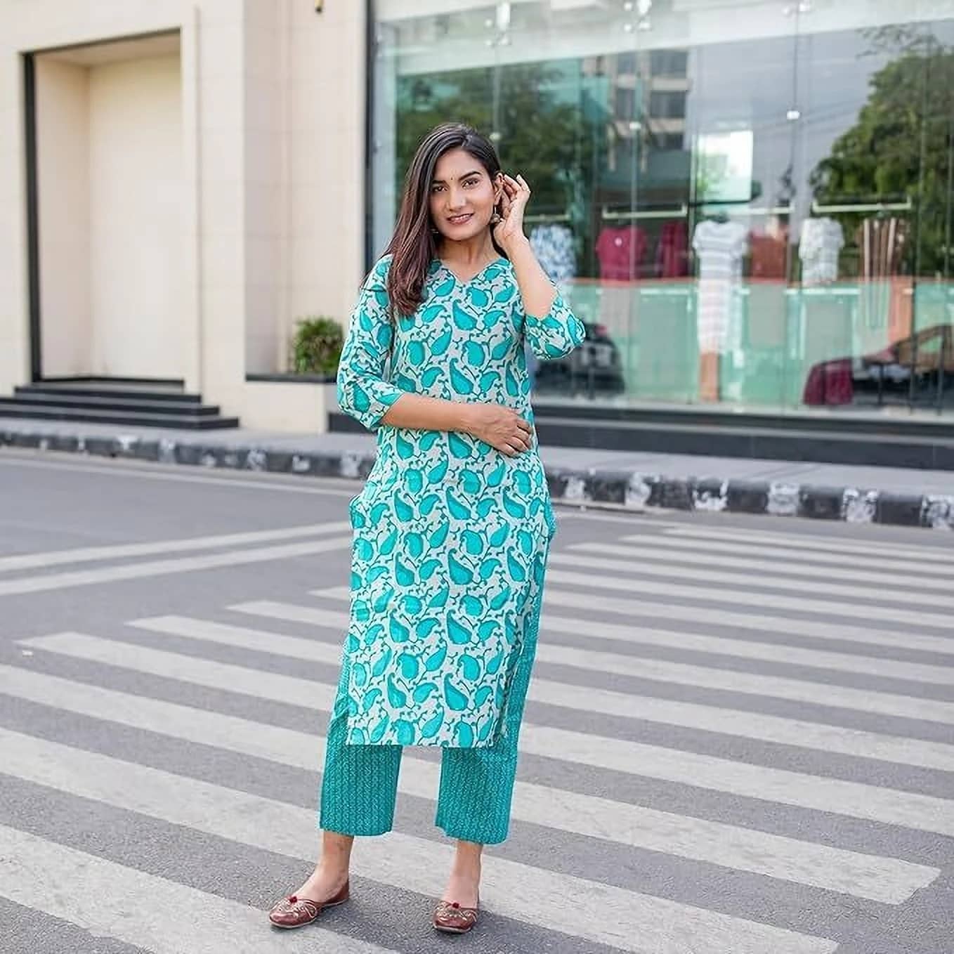AK FASHION MALL Women Cotton Blend Printed A-line Kurti With Pants ( Blue )
