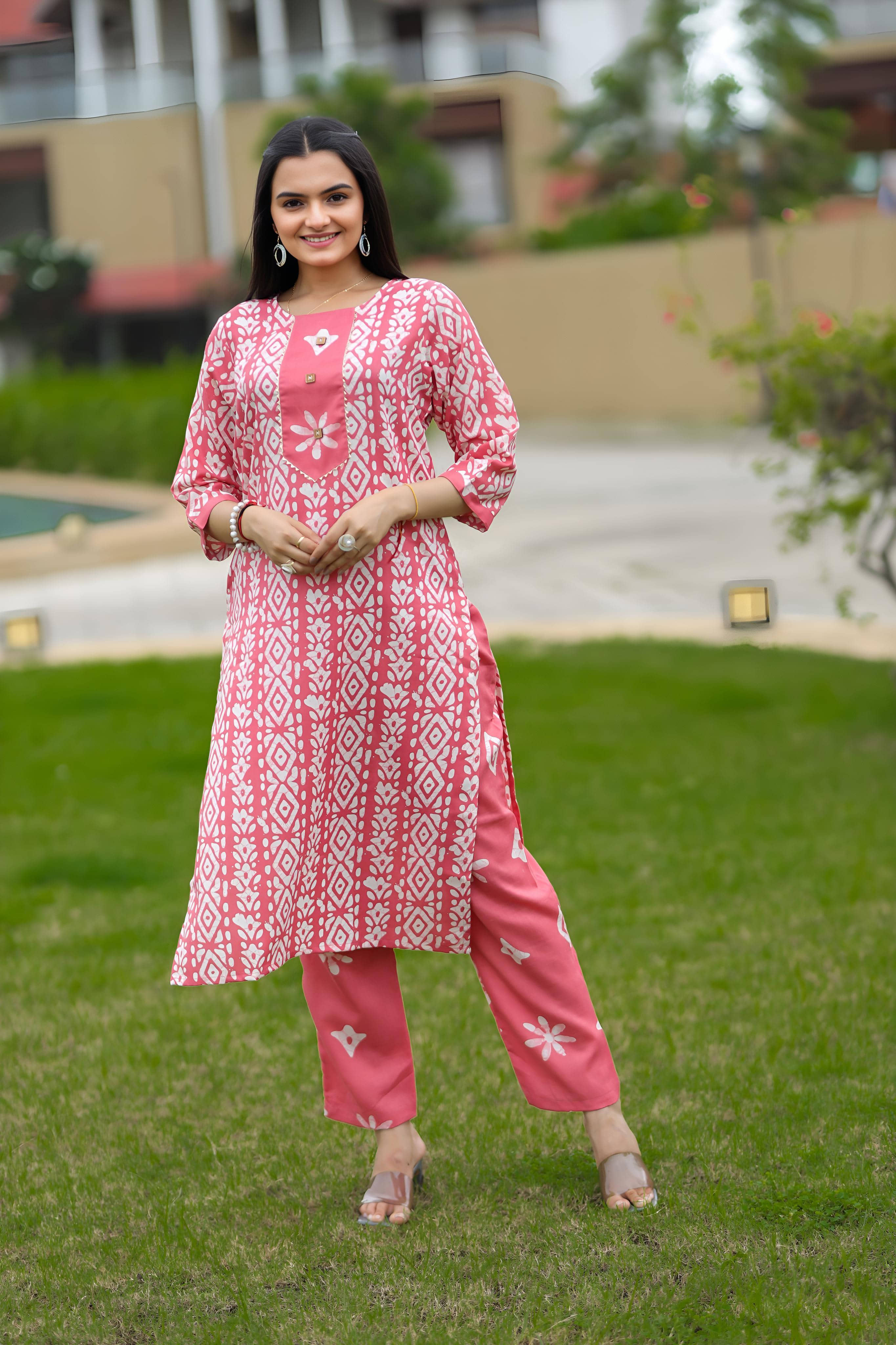 AK FASHION MALL Women Cotton Blend Printed A-line Kurti With Pants ( Pink )