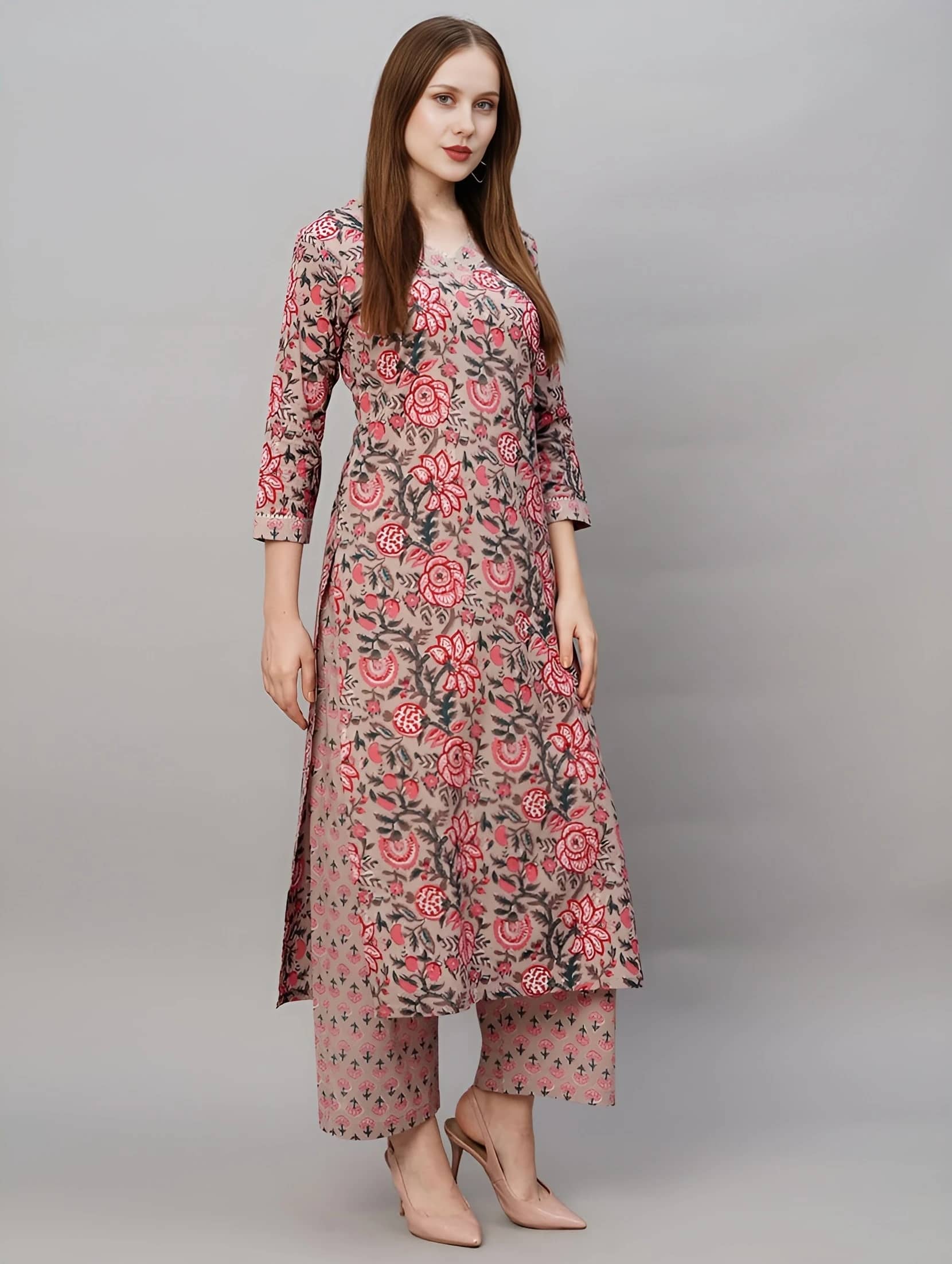 AK FASHION MALL Women Cotton Blend Printed Straight Kurti With Pants ( Pink )