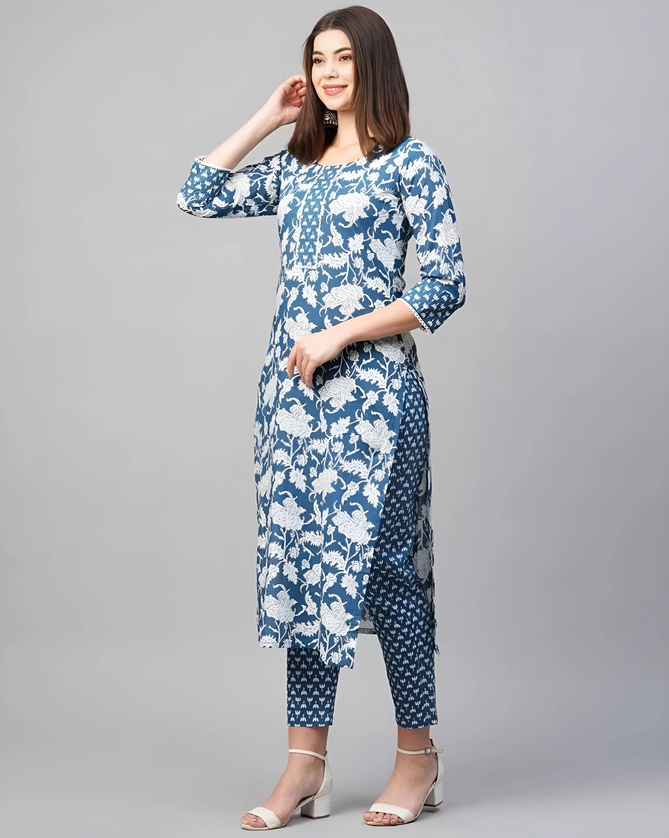 AK FASHION MALL Women Cotton Blend Printed Straight Kurti With Pants ( Blue )