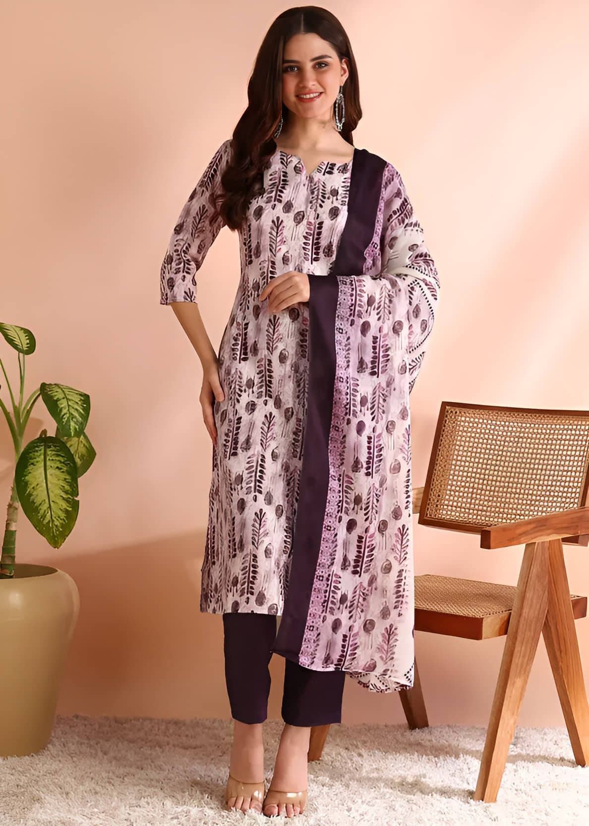 AK FASHION MALL Women Cotton Printed A-line Kurti With Dhoti Pants ( Purple )