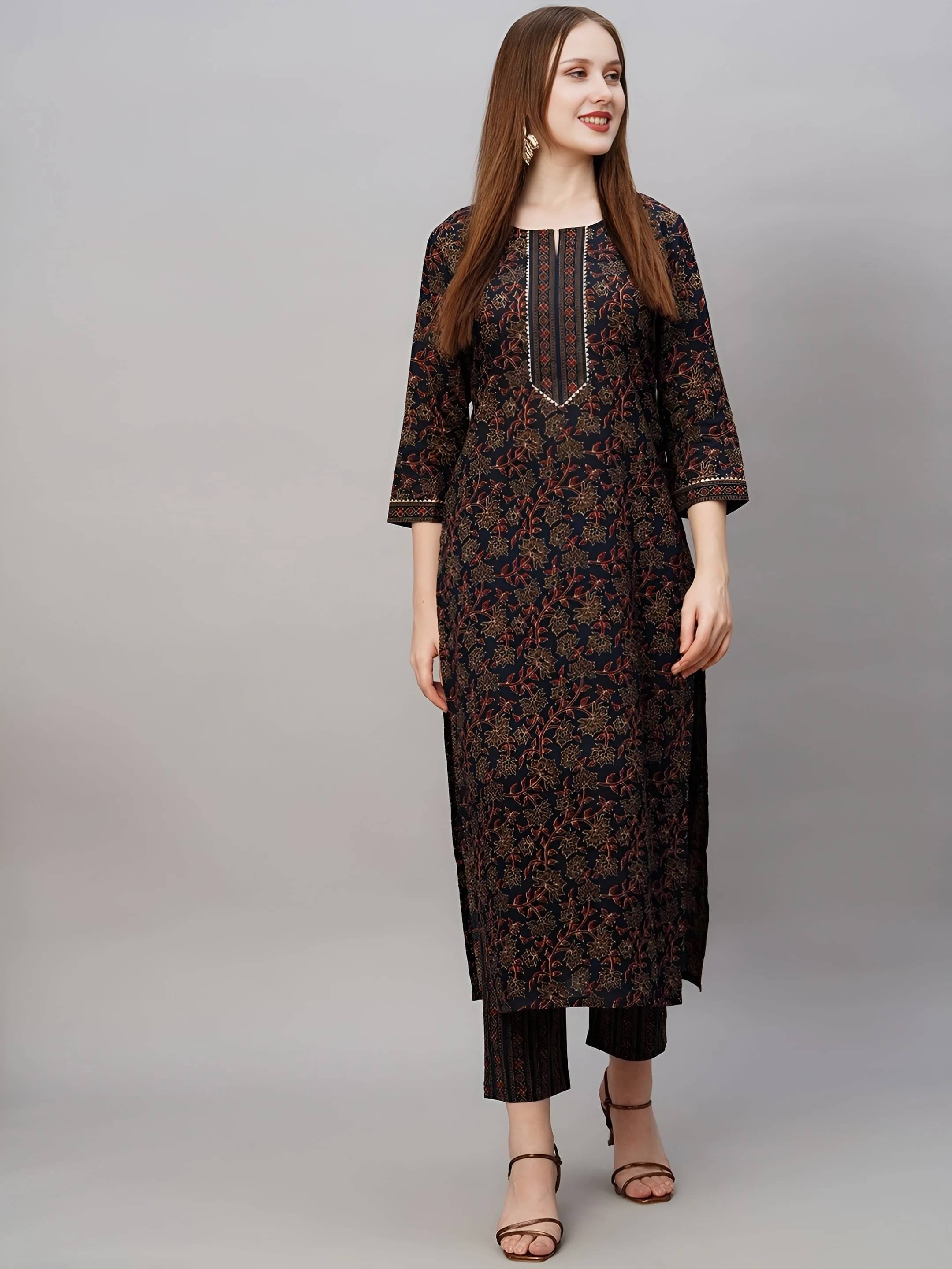     			AK FASHION MALL Women Cotton Blend Printed Straight Kurti With Pants ( Black )