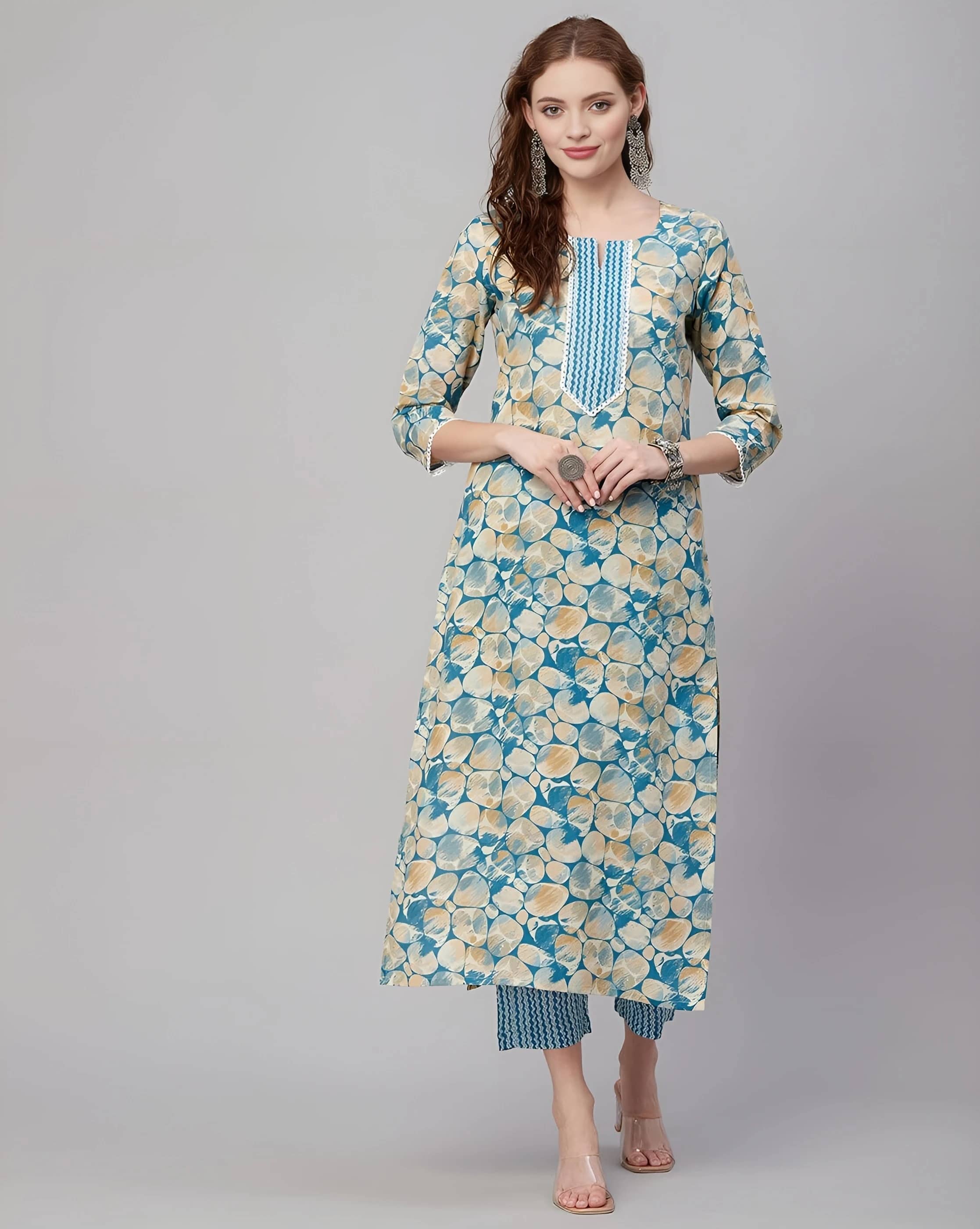 AK FASHION MALL Women Cotton Blend Printed Straight Kurti With Pants ( Blue )