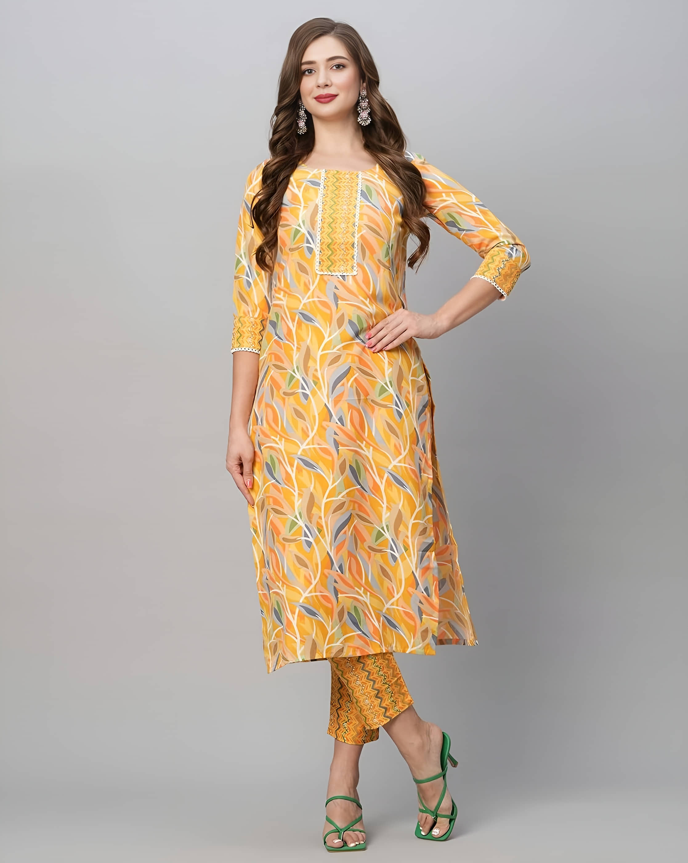 AK FASHION MALL Women Cotton Blend Printed Straight Kurti With Pants ( Yellow )