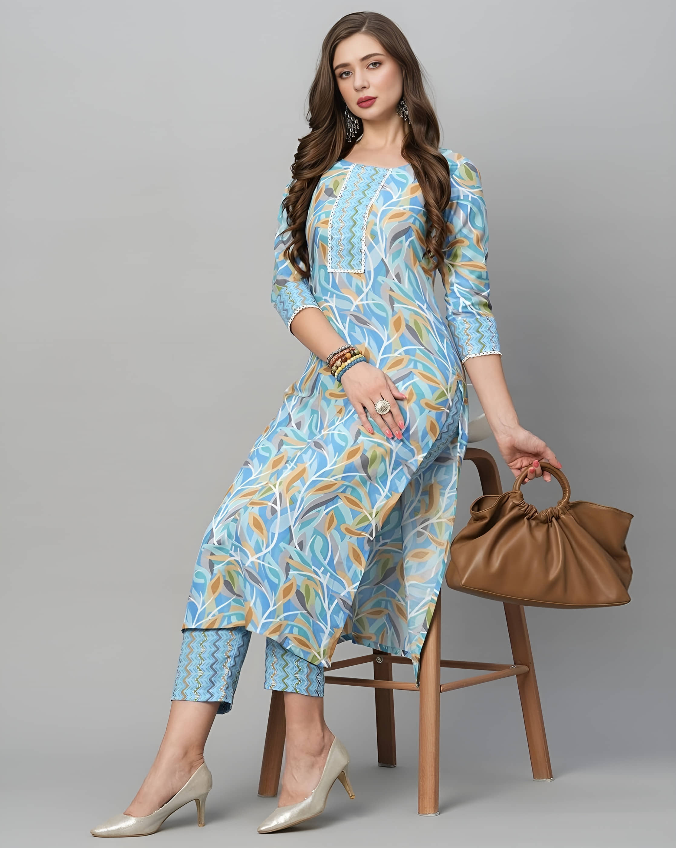 AK FASHION MALL Women Cotton Blend Printed Straight Kurti With Pants ( Blue )