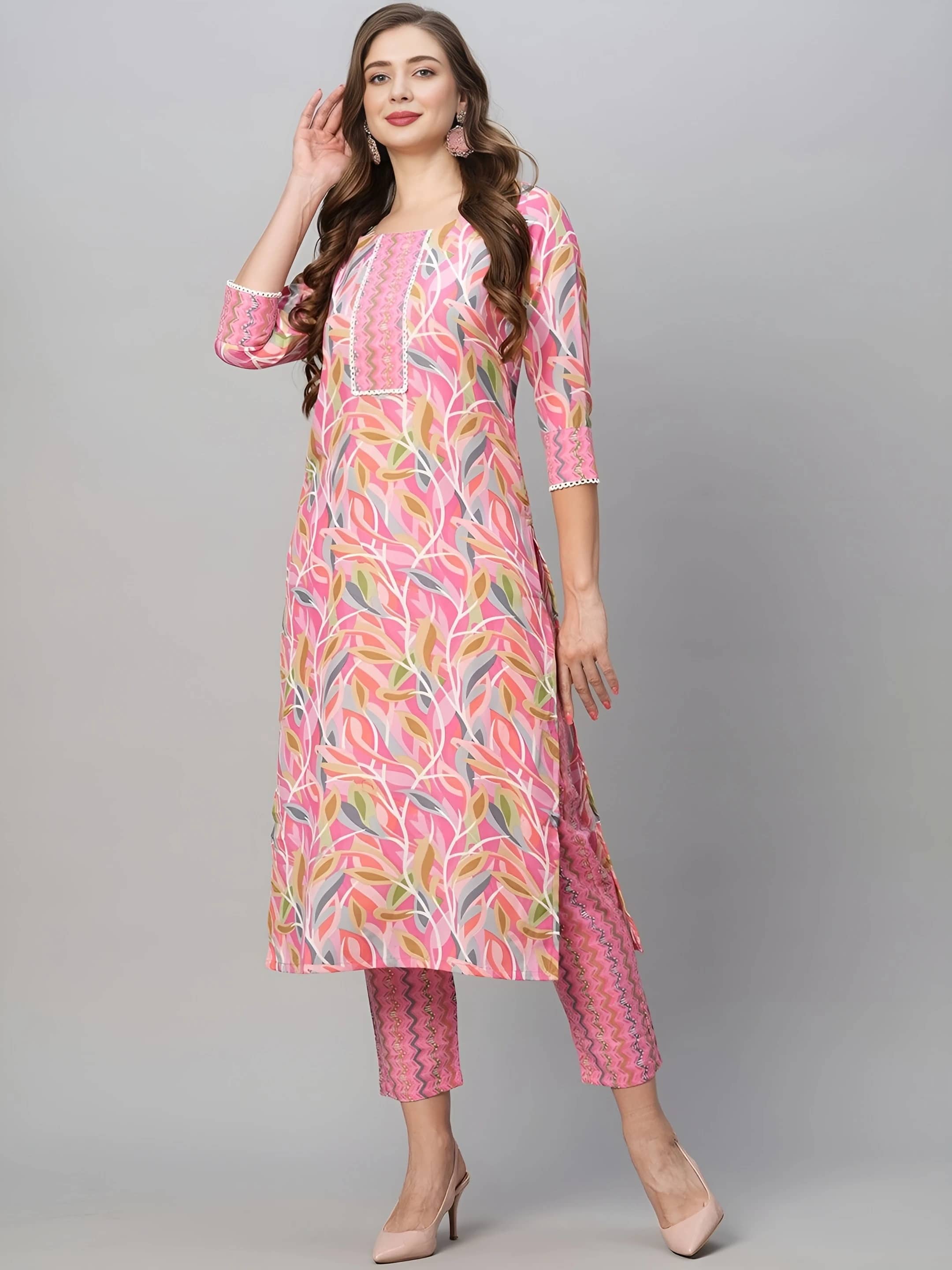 AK FASHION MALL Women Cotton Blend Printed Straight Kurti With Pants ( Pink )