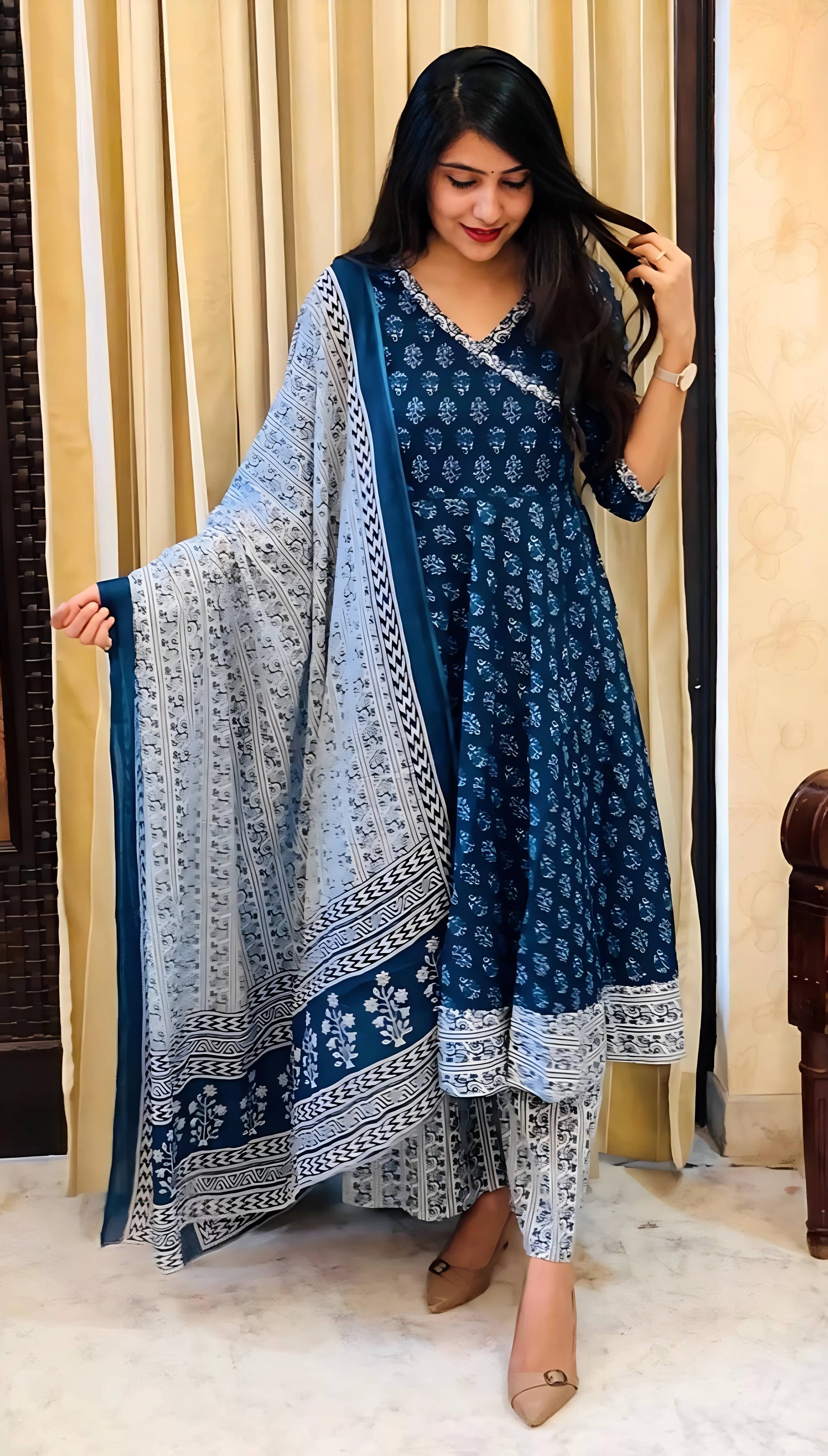 AK FASHION MALL Women Cotton Blend Printed Straight Kurti With Pants ( Navy Blue )
