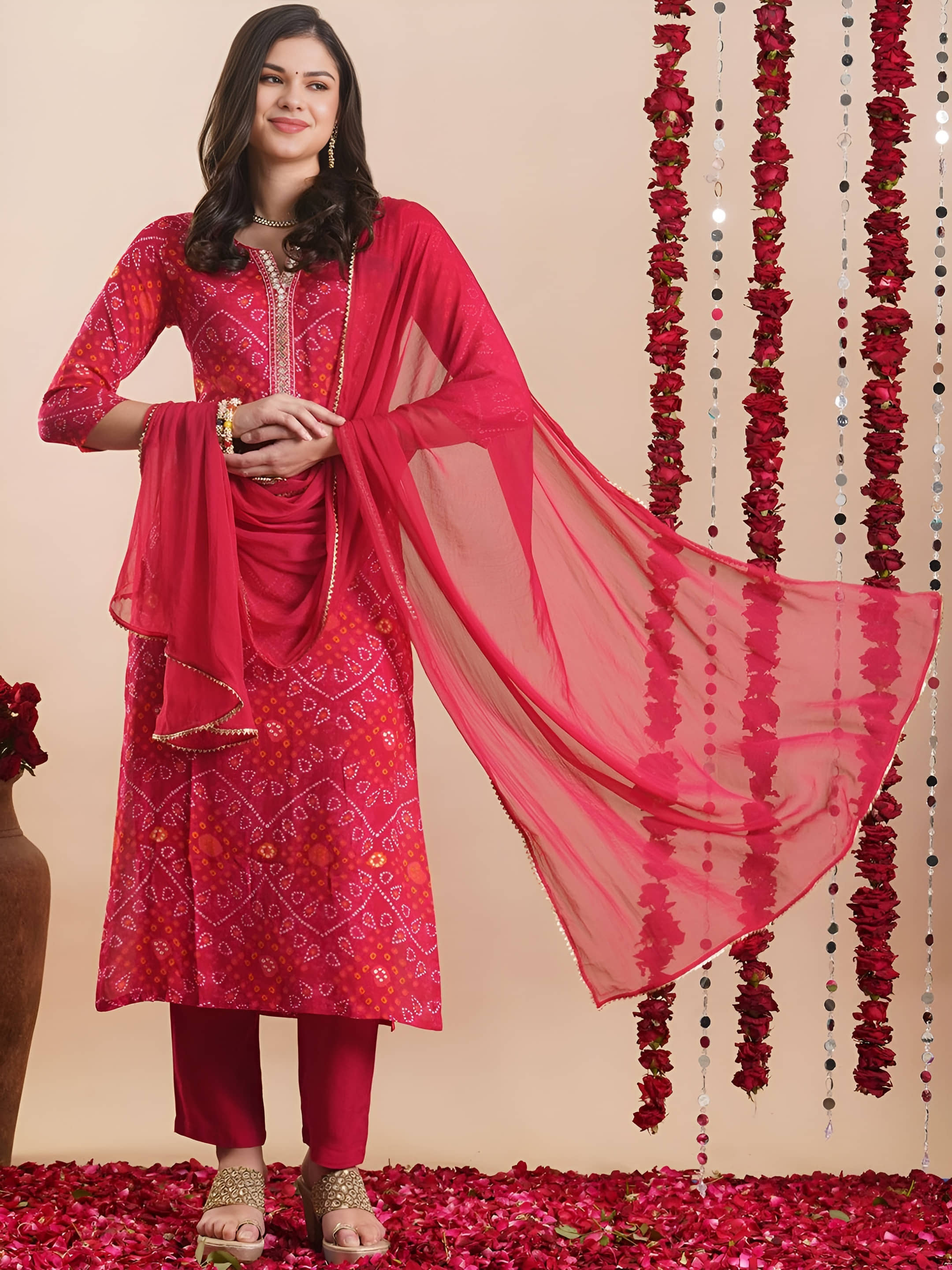 AK FASHION MALL Women Cotton Blend Embroidered A-line Kurti With Pants ( Red )
