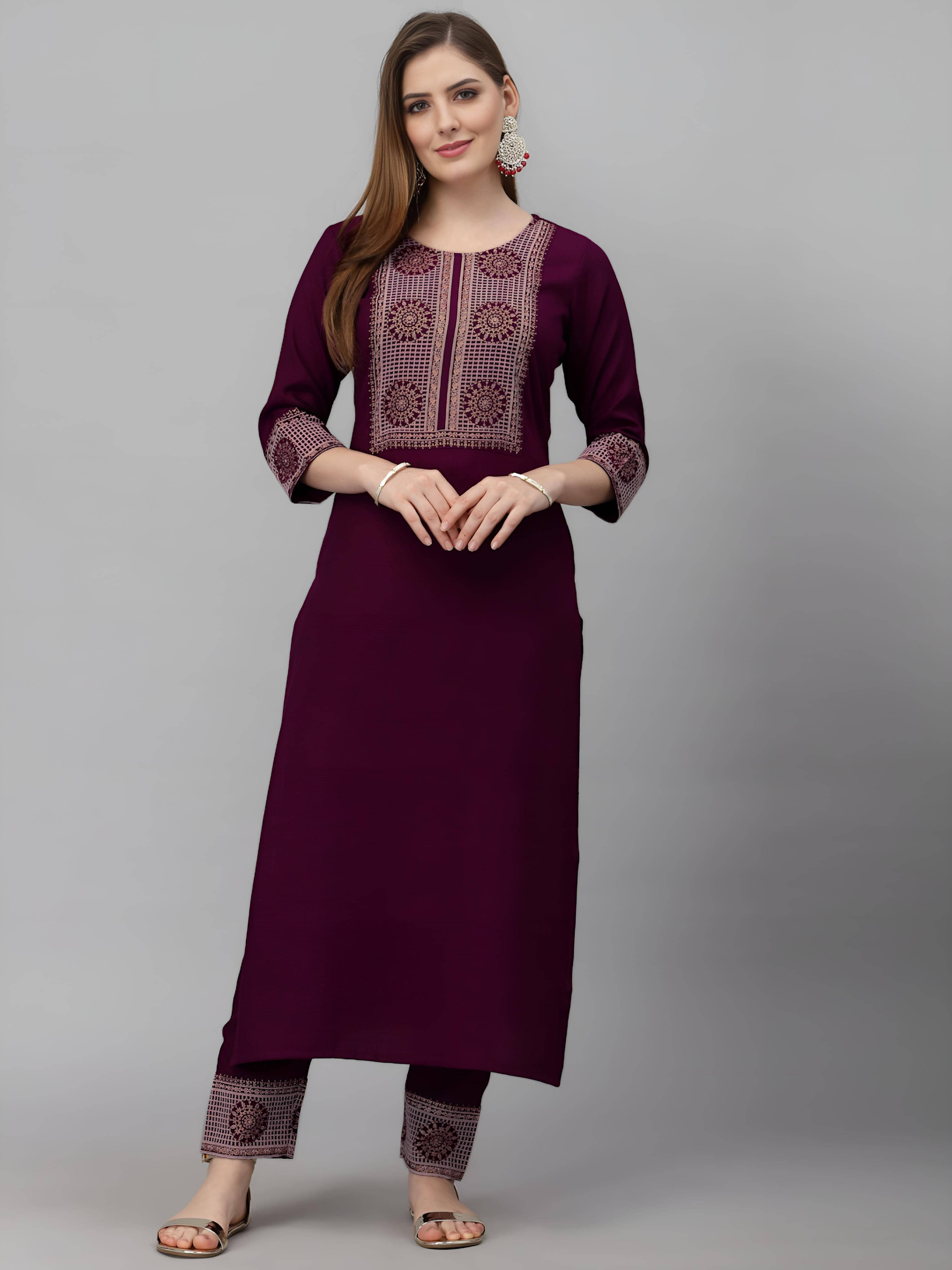 AK FASHION MALL Women Cotton Blend Embroidered A-line Kurti With Pants ( Brown )