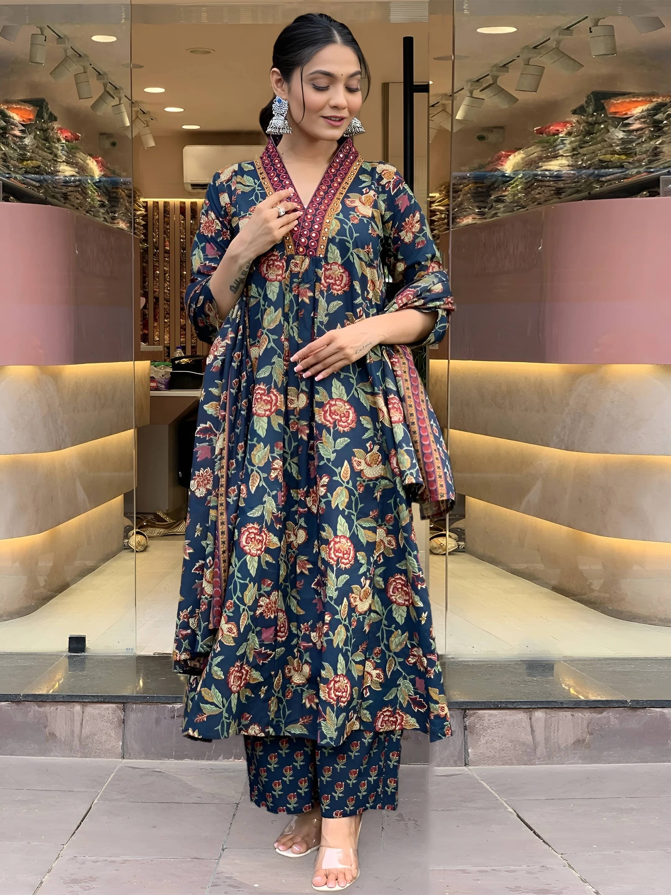 AK FASHION MALL Women Cotton Blend Embroidered A-line Kurti With Pants ( Blue )