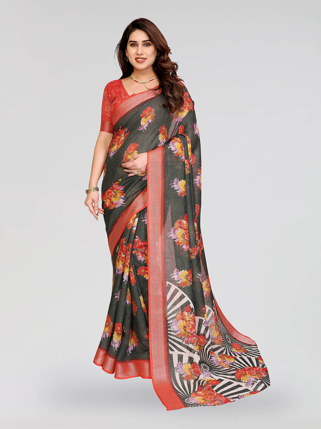     			ANAND SAREES Linen Printed Ilkal Saree With Unstitched Blouse Piece ( Red )