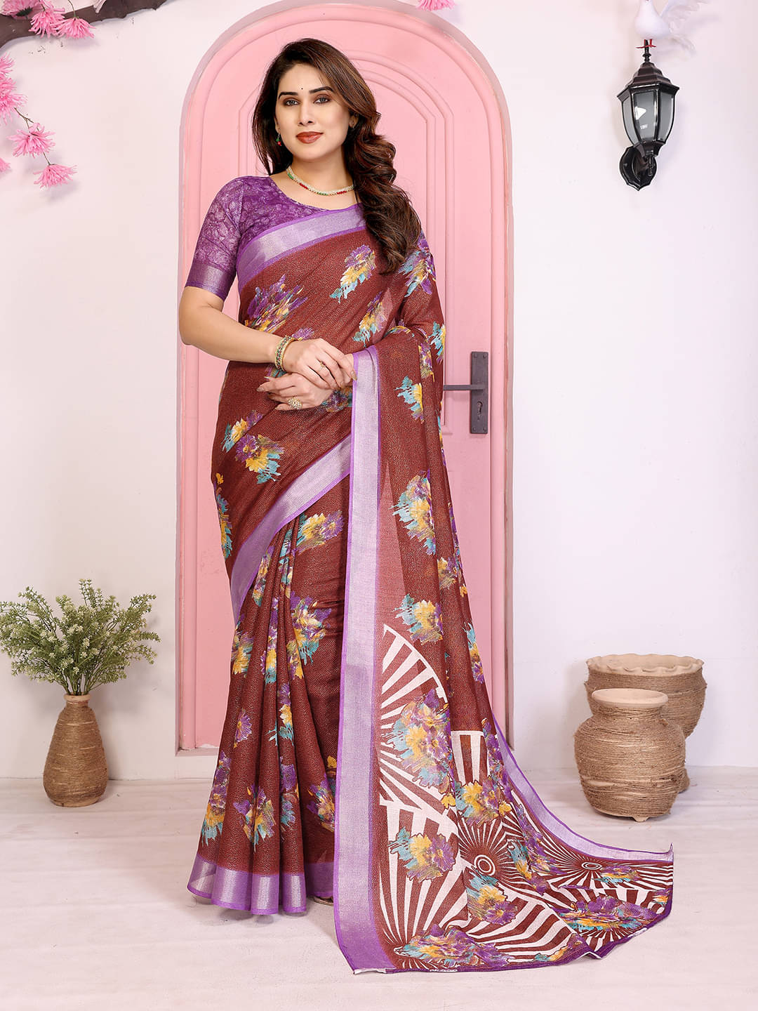 ANAND SAREES Linen Printed Ilkal Saree With Unstitched Blouse Piece ( Purple ) ANAND SAREES Linen Printed Ilkal Saree With Unstitched Blouse Piece ( Purple )